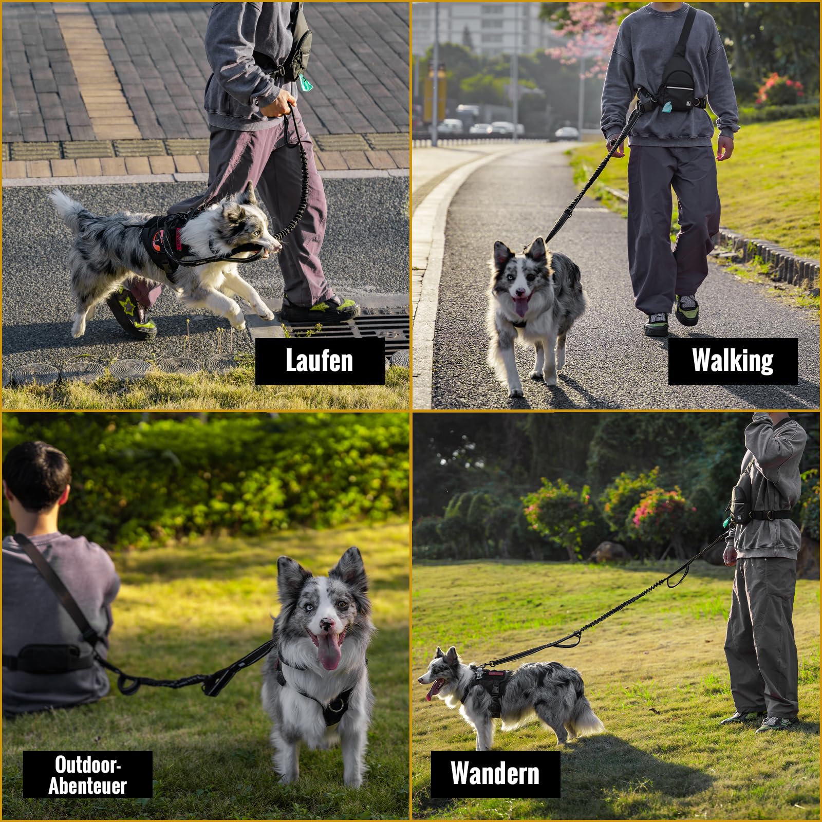 OneTigris Guinzaglio da jogging per cani, con cintura imbottita, tasca sul petto, anti-stress, doppio manico, riflettente 3 in 1, adatto per escursioni, corsa, allenamento, 130-180 cm