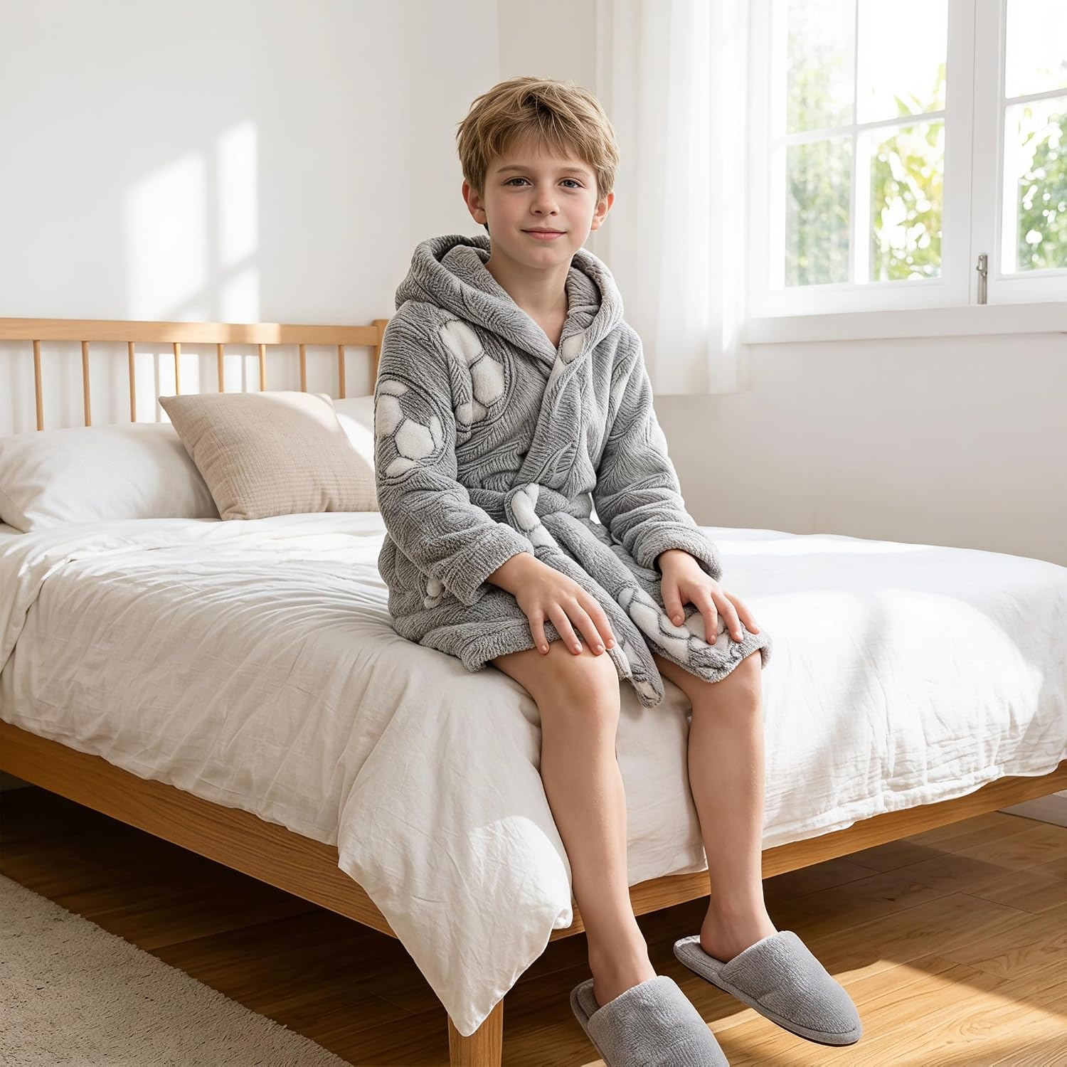 SANGTREE Boys Girls Robe Fleece Hooded Soft Toddler Bathrobe Cute Boys Bathrobe Fuzzy Plush Robes for Kids, 2-12 Years