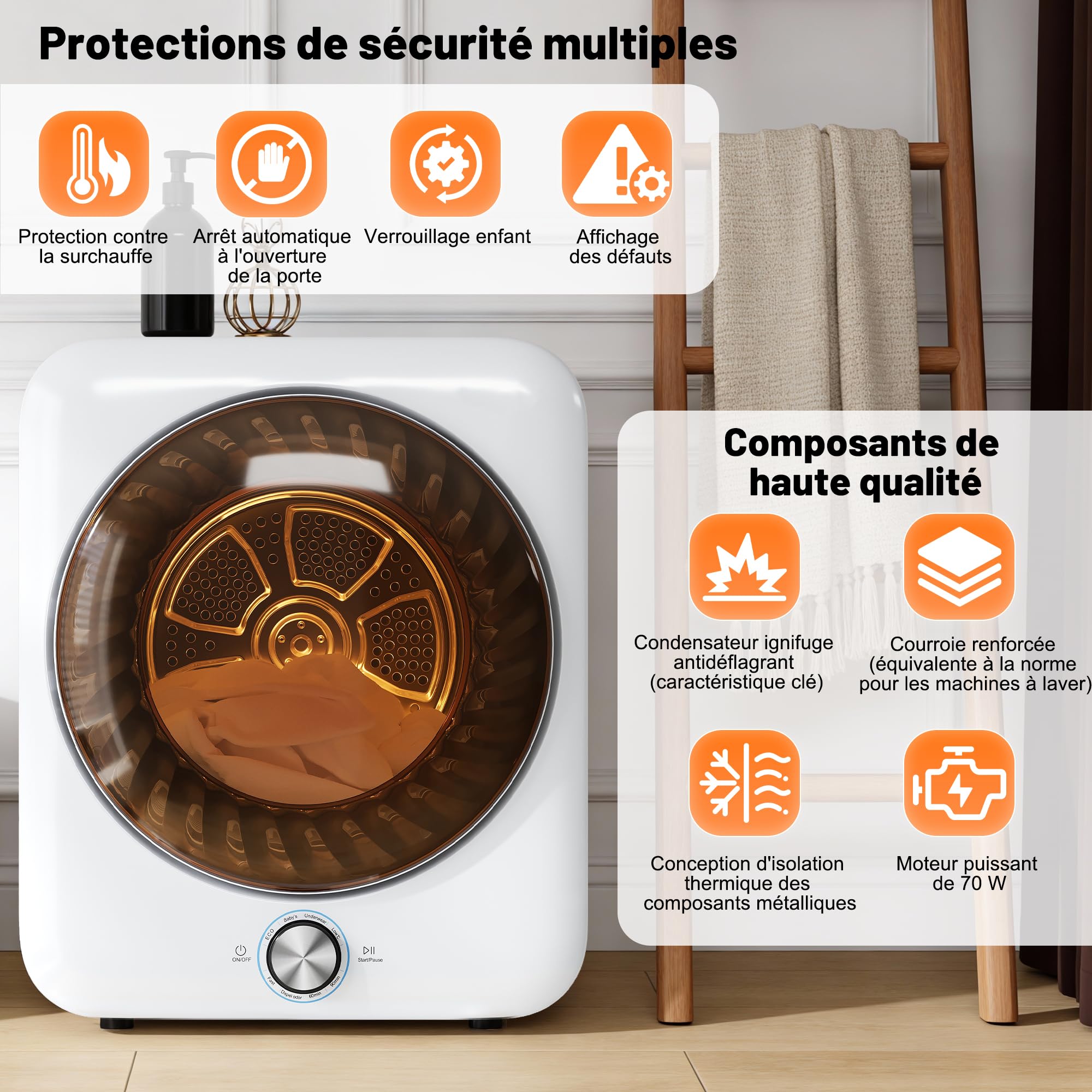 Merax Mini Sèche-linge 3kg 1350W à évacuation 8 programmes NTC 65 dB Silencieux Installation murale Double filtre 53,5×42×65 cm Blanc