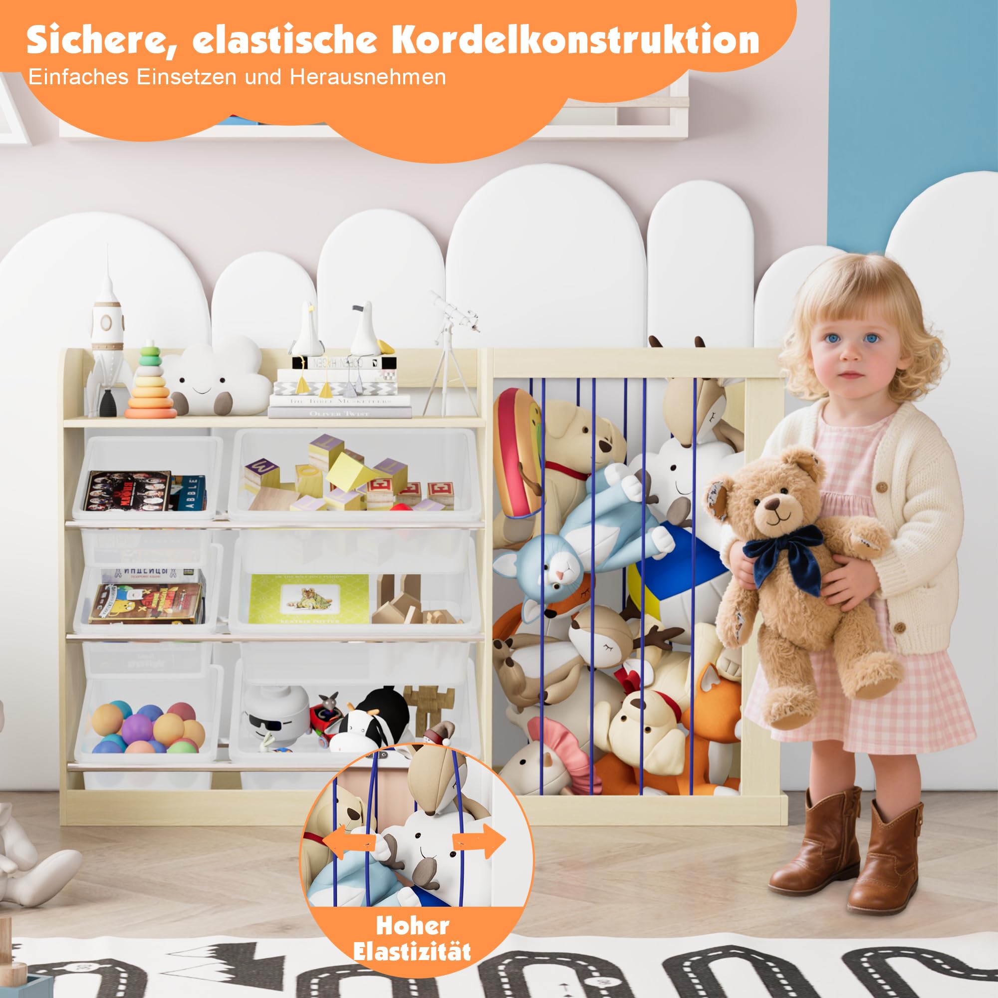 KEEPREAPER 2 in 1 Kinderregal mit 6 Aufbewahungsbox aus Kunststoff und offenem Fach, Spielzeugtruhe aus Holz, Spielzeug Aufbewahrung, Spielzeugregal für Kinderzimmer, 122x34x80cm (Natur)