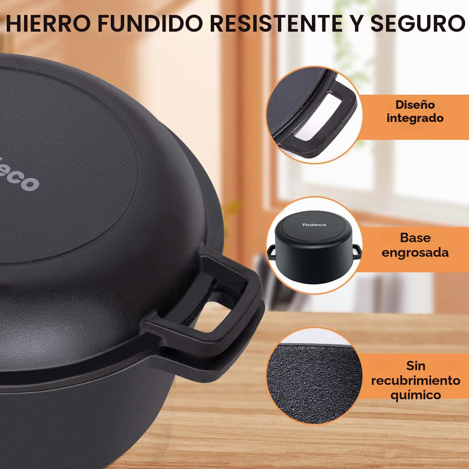 Todeco 5L Olla de hierro fundido con Tapa, 2 en 1 Horno holandés Presazonado con Receta, para Todo Tipo de Cocinas, Cacerola para camping, cocina, BBQ Bake