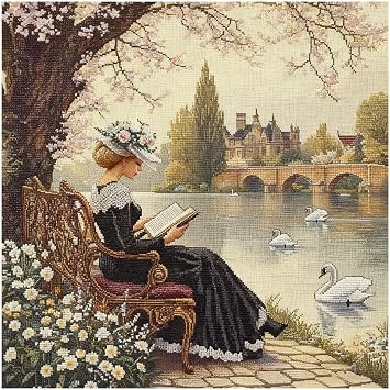 Zhenqing Lakeside Reading Cross Stitch Kit 11CT 11.8x11.8 Inch Aida Cloth with Swan, Floral Garden & Lady Design Serene Embroidery Set for Home Decor 69502