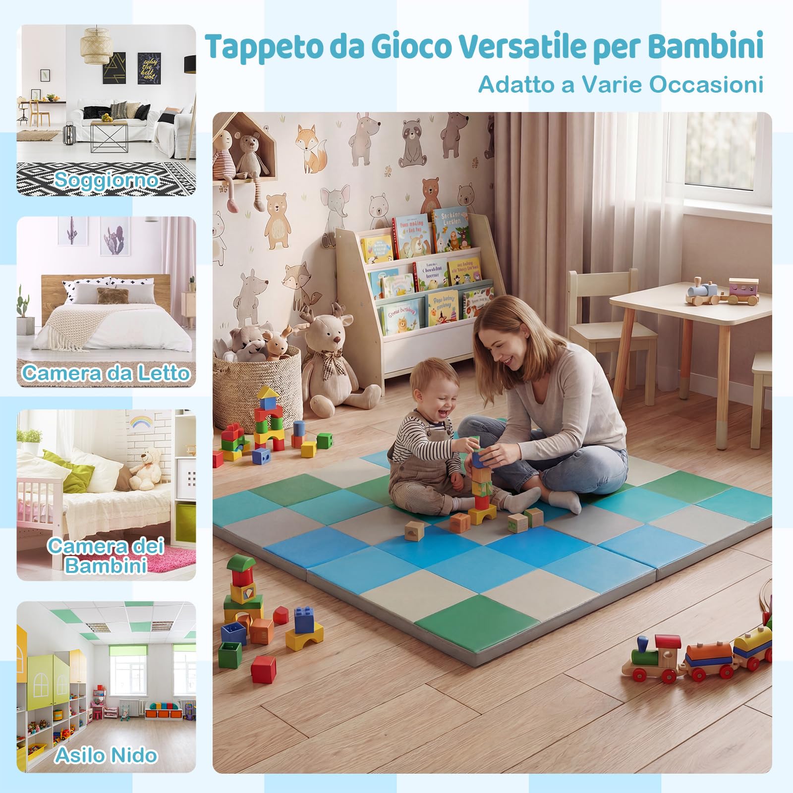 COSTWAY Tappeto Gioco Pieghevole, 144 x 144 cm, Tappetino da Ginnastica con Pelle Impermeabile, Tappeto da Pavimento per Cameretta (Blu+Verde)