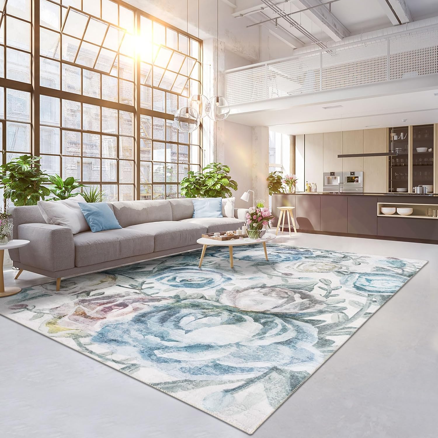 DECOMALL Jasmine Washable Area Rugs 9x12ft, Colorful Modern Floral Non Slip Rug, Soft and Thin Large Carpet for Living Room Bedroom,9x12ft Blue/Multi 9 ft x 12 ft Blue 02