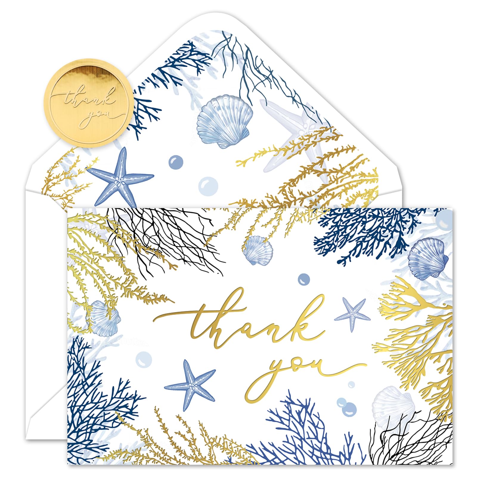 Whaline 24 Pack Ocean Thank You Cards Gold Foil Blue Coral Greeting Cards with Envelopes Stickers Blank Note Card for Coastal Beach Birthday Baby