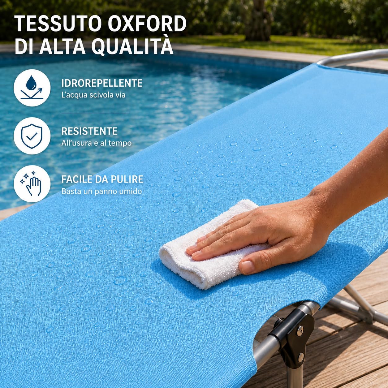 COGLIANESE CASA & RICAMBI Lettino Prendisole Azzurro (187 x 55 x 25,5 cm) - NESSUN MONTAGGIO - ANTIRUGGINE - Tessuto Oxford Traspirante e Antistrappo - Schienale Regolabile Su 5 Livelli