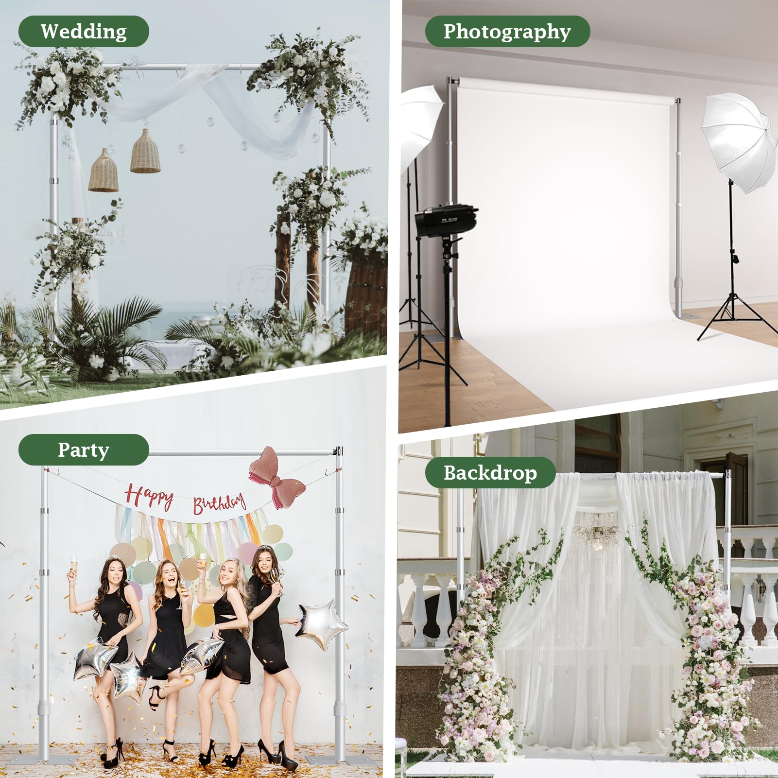 EMART Soporte de Fondo 2,6x3m, Grande Sistema de Arche de Mariage Réglable Ajustable para Decoración de Bodas, Cumpleaños, Fiestas, Banquetes - Plata