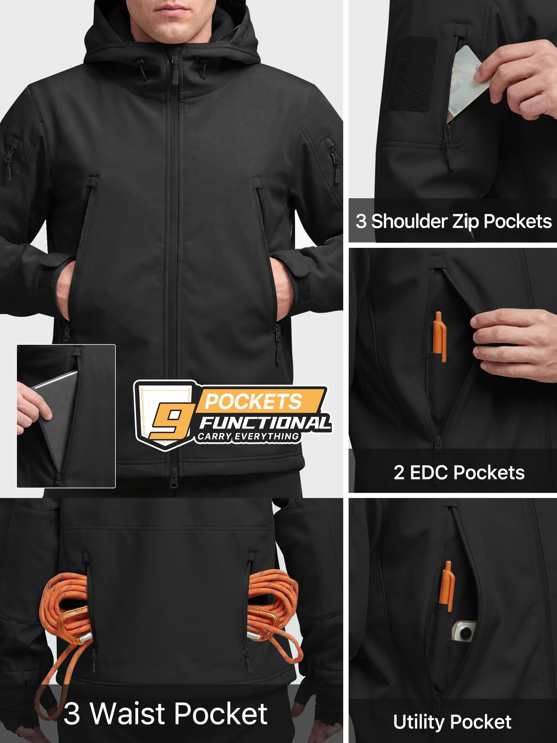 FREE SOLDIER Herren Winterjacke Military Softshell Jacken Outdoor Fleecefutter Winddichte Wasserdichte Jacke mit Kapuze Warme Taktische Jacken mit Mehreren Taschen für Jagdausflüge