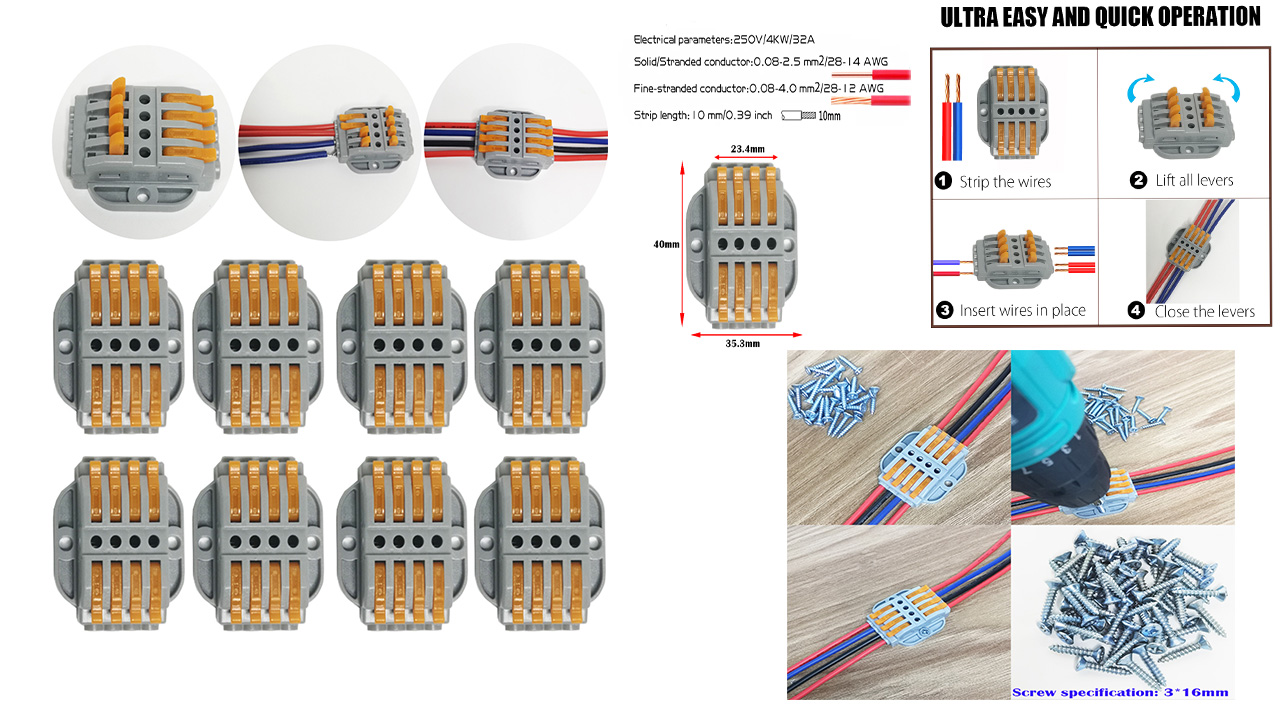 6 Connettori Elettrici SPL-5 Compact | Morsettiera A Barra Di Pressione Bilaterale | Con Viti Di Fissaggio M3 | Per Cablaggio Rapido 0,08-4 Mm²