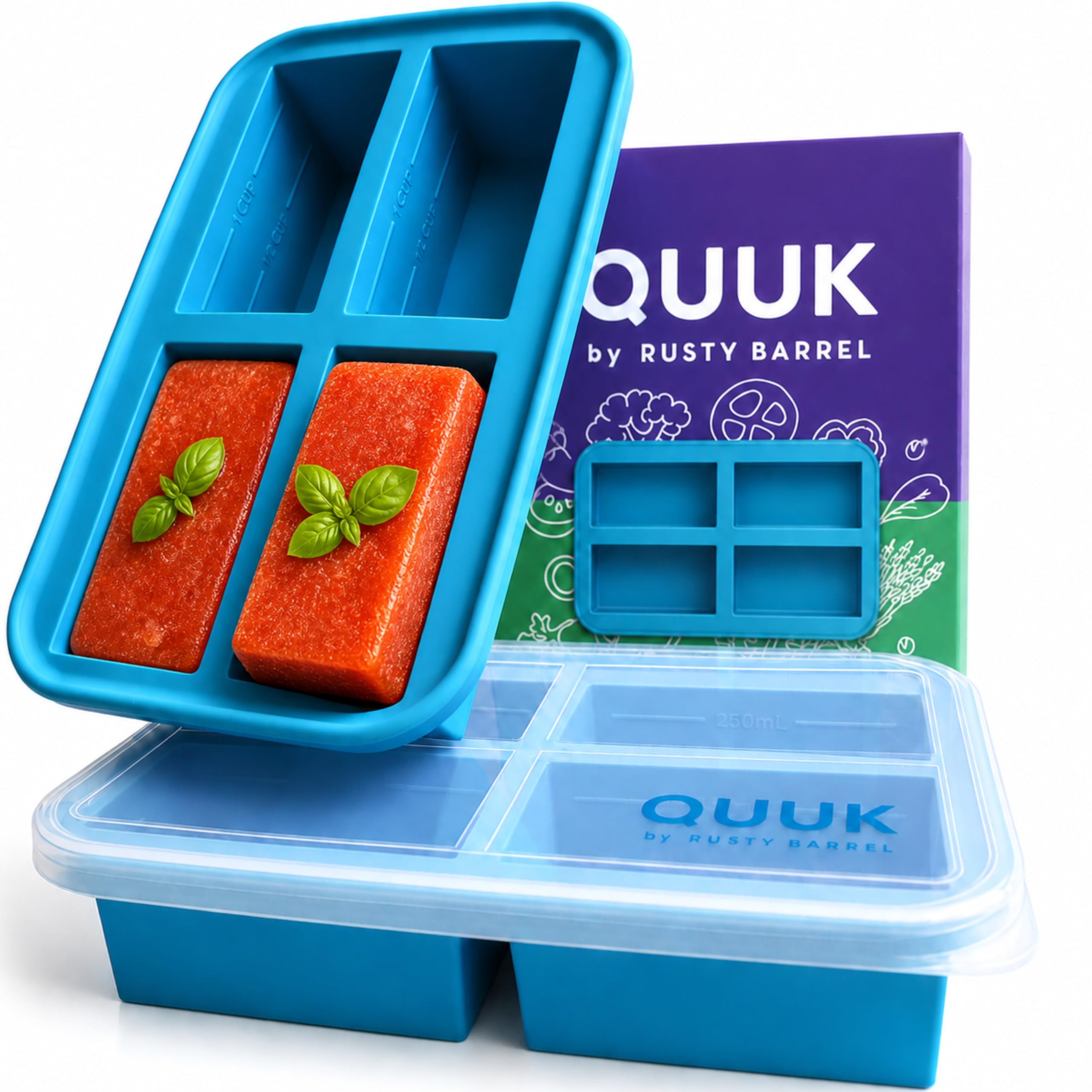 Rusty Barrel Blue Quuk Silicone Soup Freezer Tray With Lid – 250Ml / 1 Cup Freezer Containers For Meal Prep & Batch Cooking – Bpa-Free Easy-Release Silicone Mould For Soups, Sauces, Stock & Leftovers