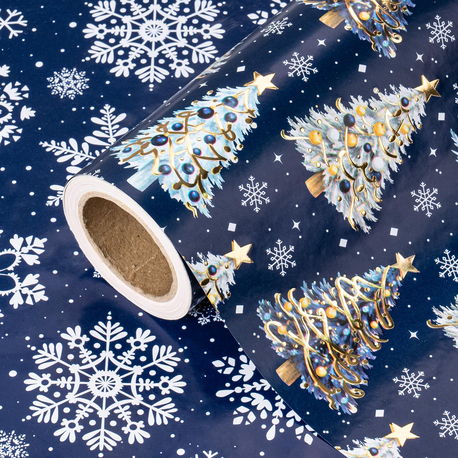 RUSPEPA Navy Blue Reversible Christmas Wrapping Paper Roll - Mini Roll - 43.2cm x 5m - Gold Foil Christmas Tree and White Snowflake Print Wrapping Paper, Perfect for Holiday, Party Celebration