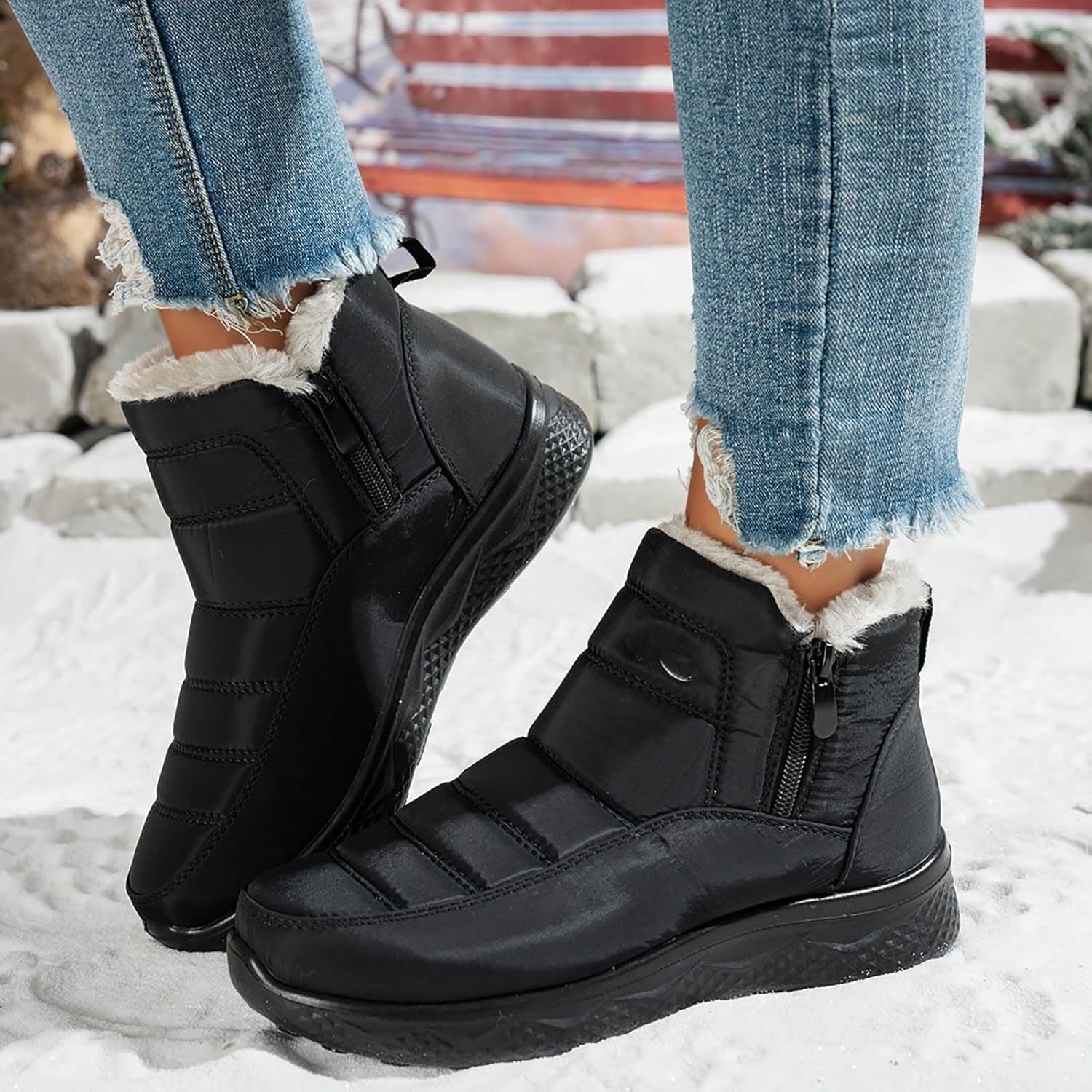 Winterstiefel für Damen, breite Breite, warm, mit Fell gefüttert, Schneestiefel, wasserdicht, zum Hineinschlüpfen, bequem, rutschfest, seitlicher Reißverschluss