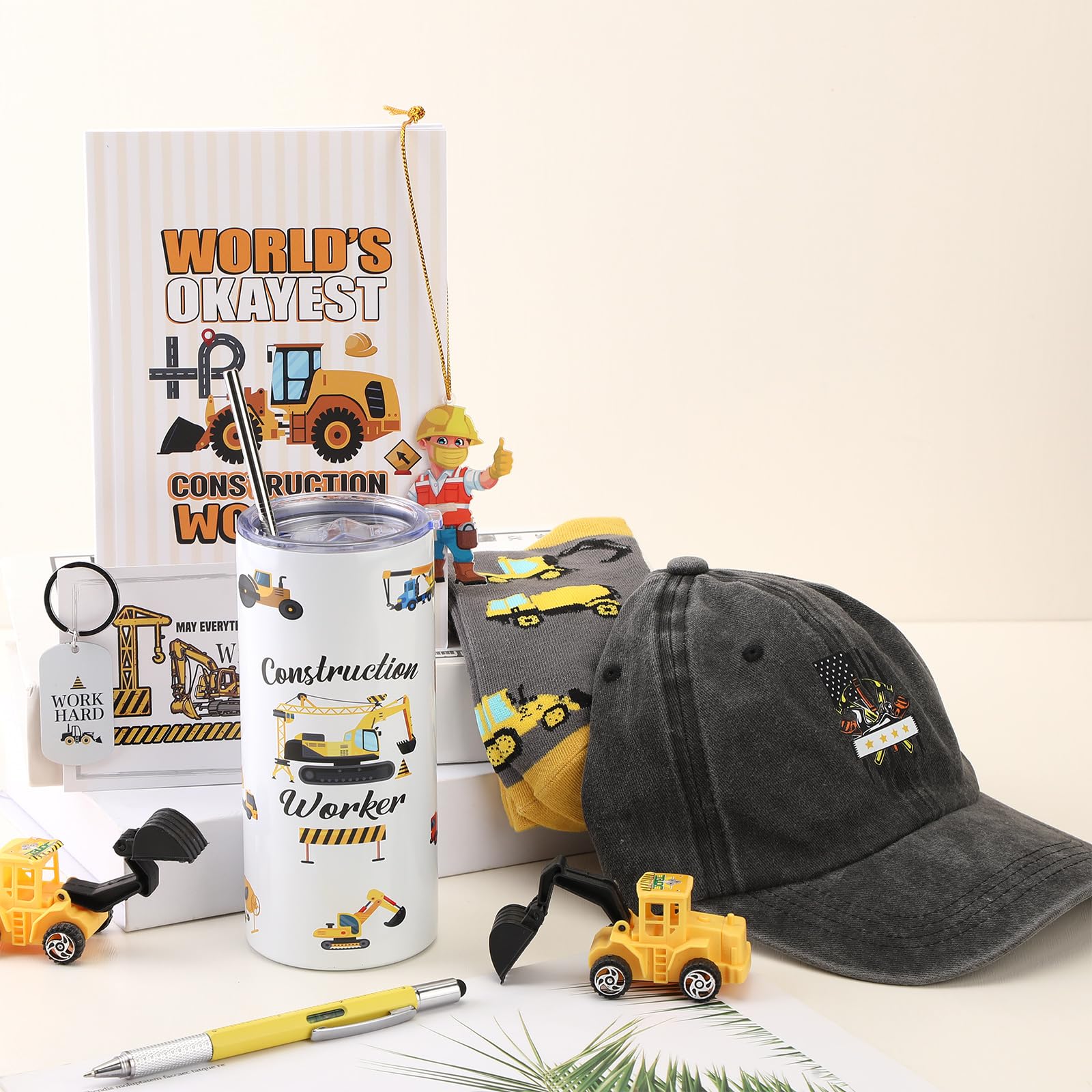 Patelai 9 Pcs Construction Worker Christmas Gifts for Men Include 16 oz Tumbler Coffee Mug Multi-tool Pen Baseball Hat Socks Notebook Keychain Pendant for Father Boyfriend Birthday Gift