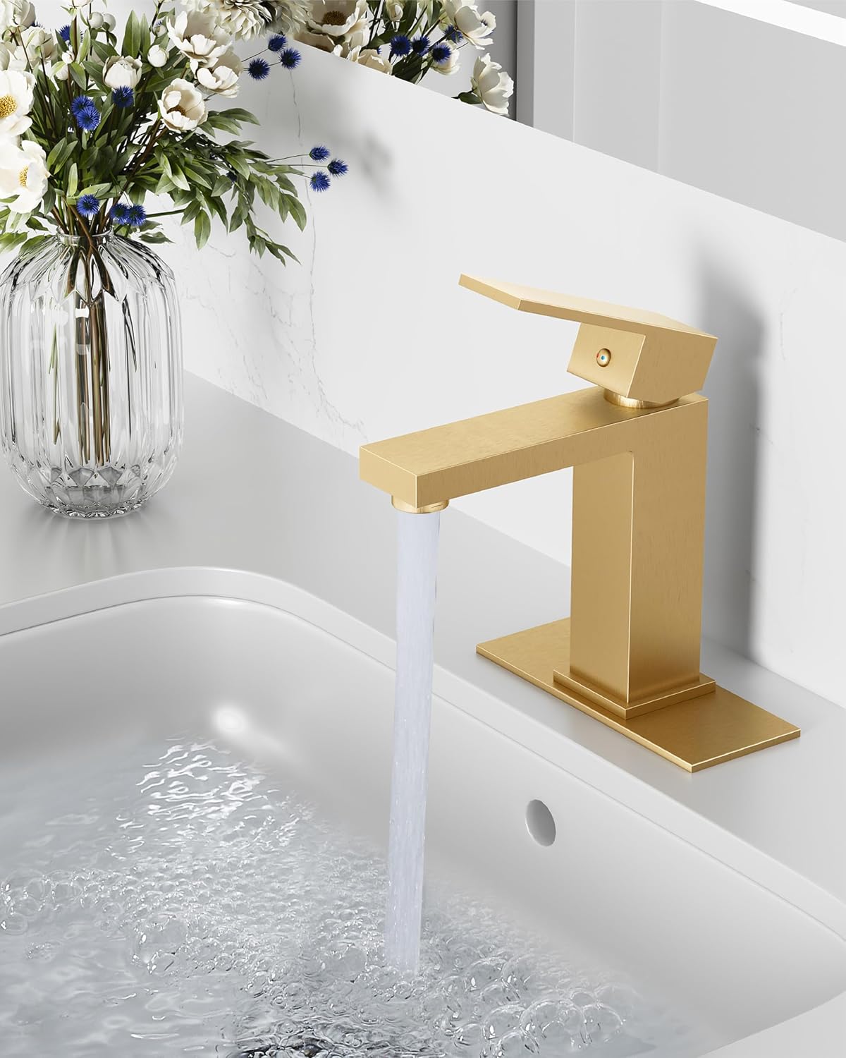 Midanya Bathroom Faucets 1 Hole, Single Handle Stainless Steel Bathroom Sink Faucet, Modern Vanity Faucets with Deck Plate,Water Supply Hoses and Pop Up Drain,Brushed Gold