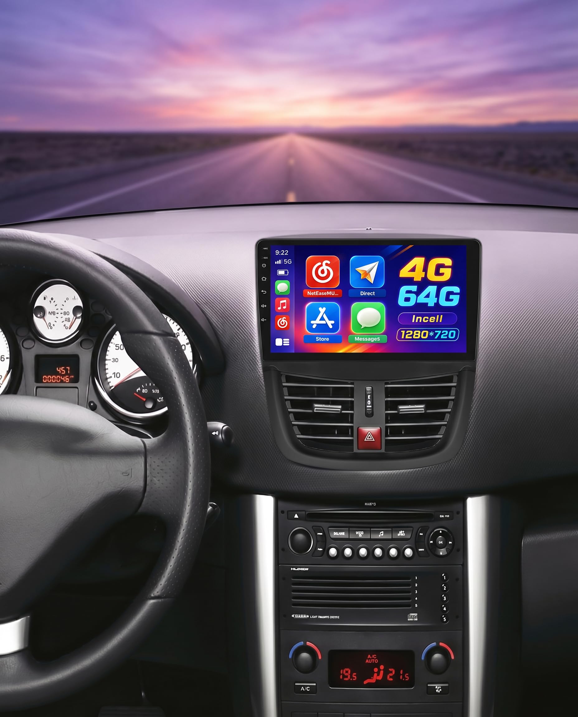 Hikity Radio samochodowe 4+64G Android 15 do Peugeot 207 2006-2015, 9-calowy ekran radiowy z bezprzewodową funkcją CarPlay, Android, Bluetooth, nawigacją GPS, WiFi, EQ USB, i kamerą cofania