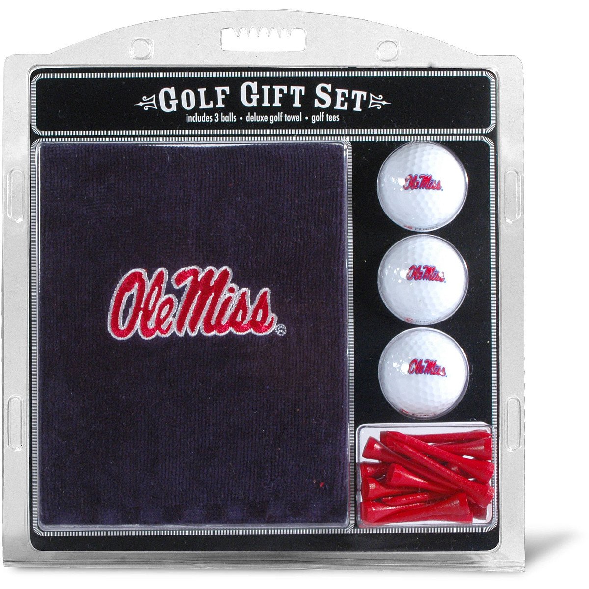 Team Golf NCAA Ole Miss Rebels Gift Set: Embroidered Golf Towel, 3 Golf Balls, and 14 Golf Tees 2-3/4" Regulation, Tri-Fold Towel 16" x 22" & 100% Cotton