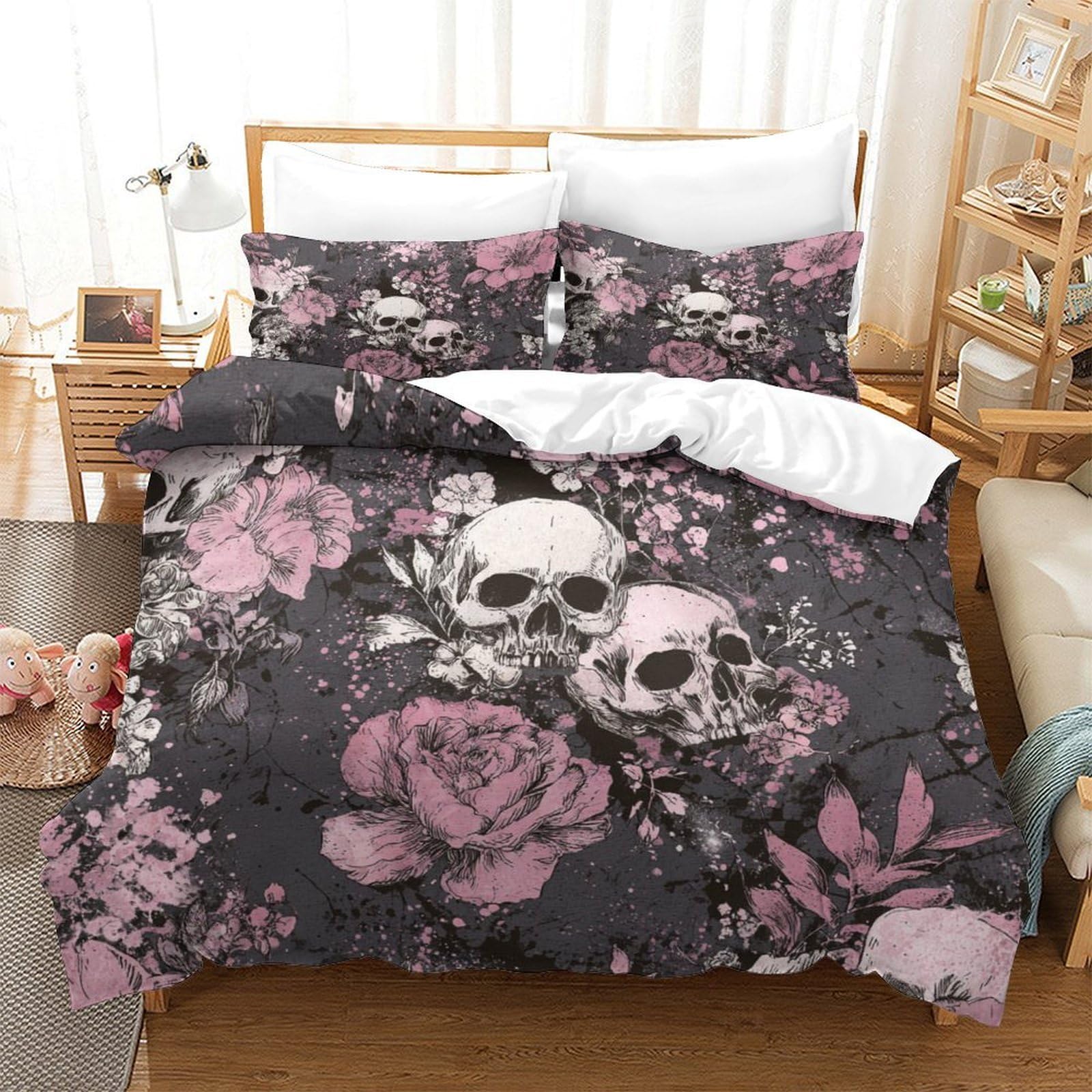 QDZHCPMYK Skull Duvet Cover Sets 3 PCS Hotel Quality Quilt Cover Bedding Sets Bed Covers with Pillowcases with Zipper Closure Ultra Soft Anti Allergic Microfiber King（220x240cm）
