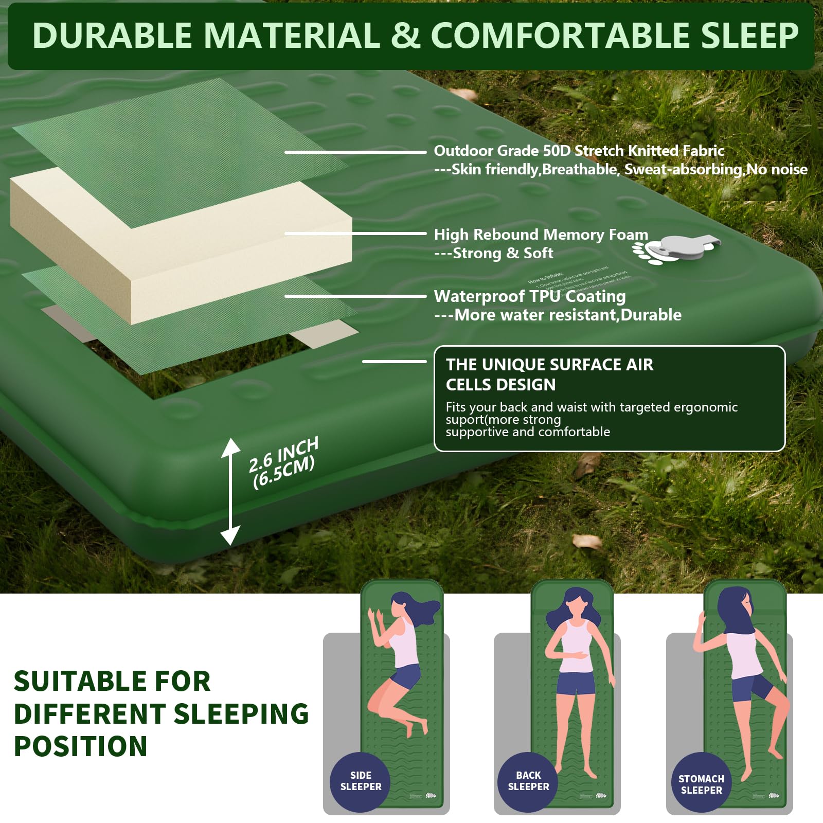 HiiPeak Materassino in memory foam, ultra spesso, con cuscino, 9,5 R-Value isolato, materasso da campeggio, facile da gonfiare e sgonfiare, tappetino gonfiabile per escursioni, tenda auto