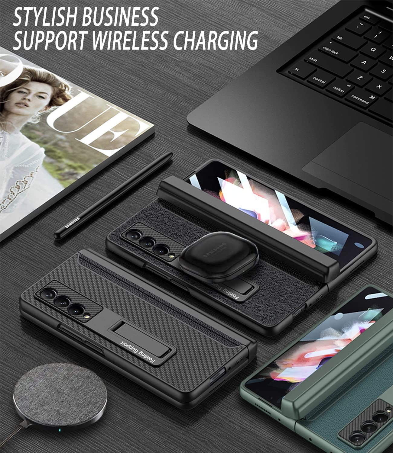 for Samsung Galaxy Z Fold 3 Case with Pen Holder,Hinged Cover Built-in with Pen Slot,with Screen Protector&Adjustable Bracket,Leather Cover Case for Galaxy Z Fold 3 (Carbon Fiber)