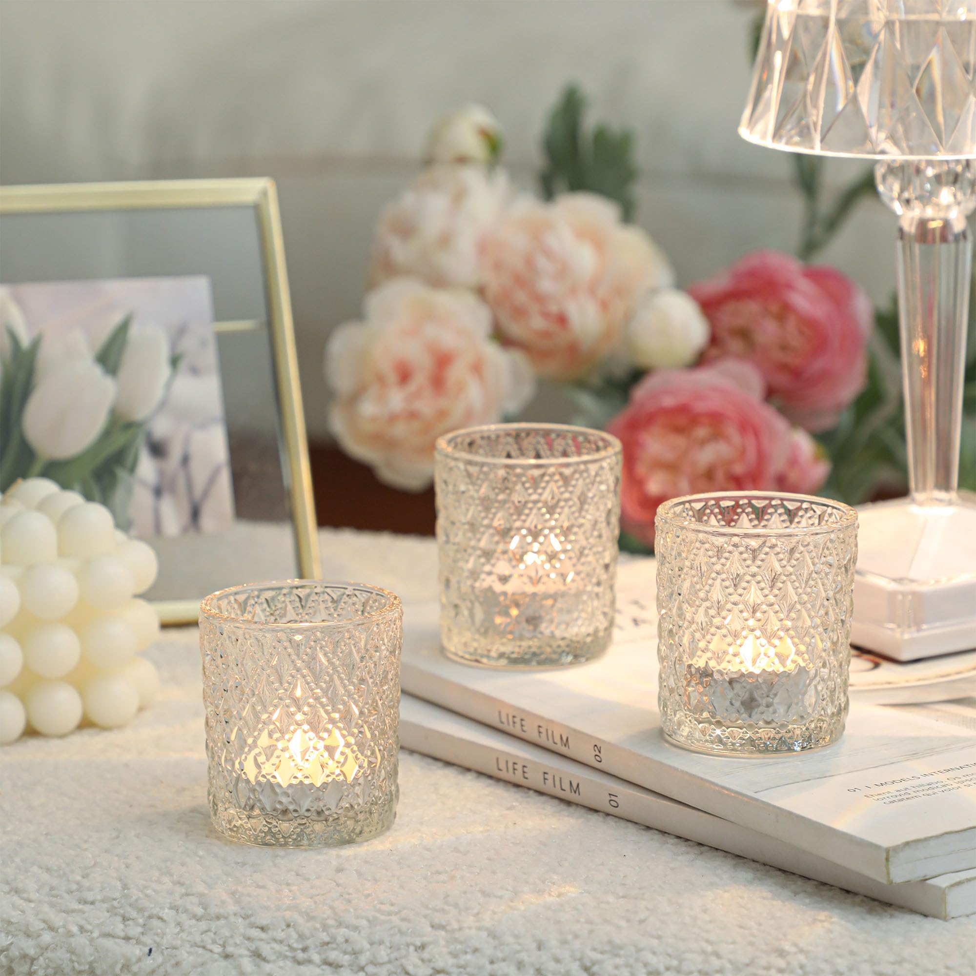 Lot de 12 Photophore Bougie, Photophores en Verre pour Bougie Chauffe-Plat, Photophore pour Centres de Table Parfait pour Mariage Fête Décoration d'intérieur
