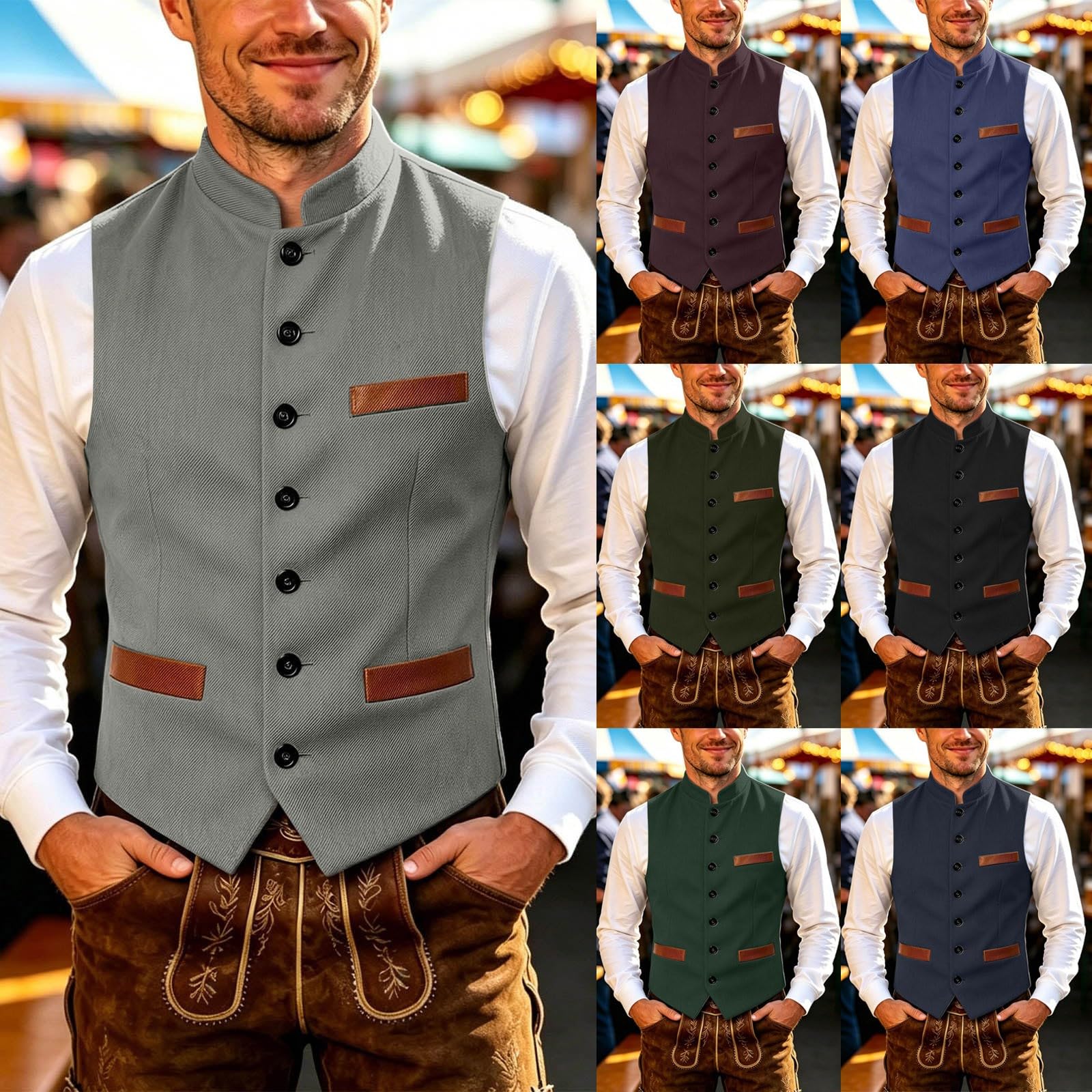 Gilet tradizionale da uomo per Oktoberfest, con colletto alto, elegante gilet da lavoro, gilet vintage, senza maniche, elegante per Oktoberfest, matrimonio, musica