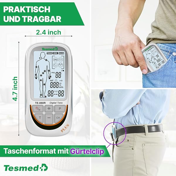 TESMED TE-880R Plus TENS EMS Gerät: Wiederaufladbarer Muskelelektrostimulator, Reizstromgerät mit TENS Gerät Schmerztherapie, EMS & Massagefunktion, 73 Programme (2 anpassbar), 8 Elektroden - 5