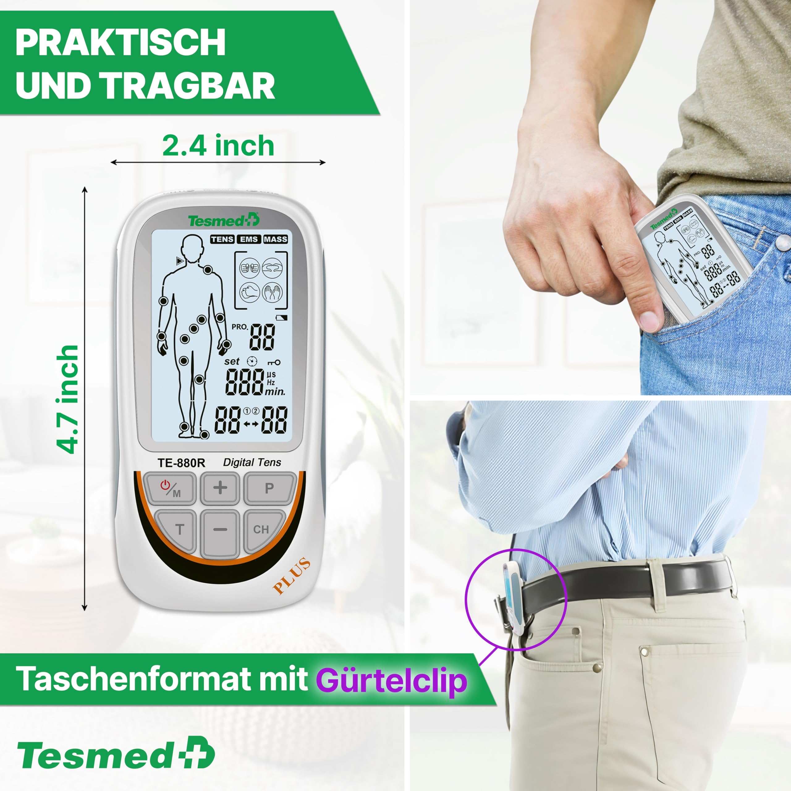 TESMED TE-880R Plus TENS, EMS & Massagegerät, Wiederaufladbar | 73 Programme, davon 2 anpassbar, und 8 Elektroden.