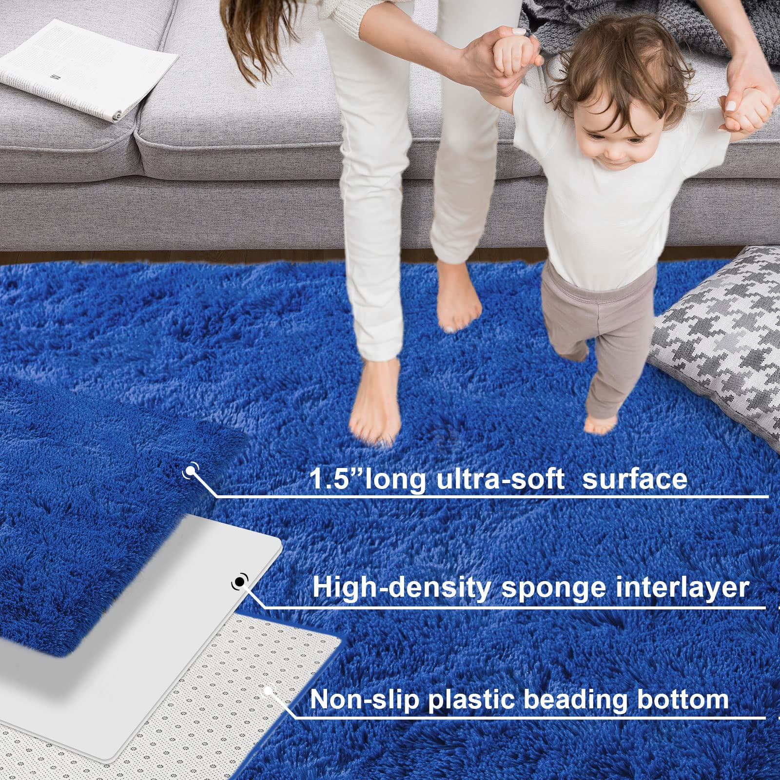 Navy Blue Fluffy Living Room Rugs, Shag Area Rug 5x8 for Bedroom, Furry ...