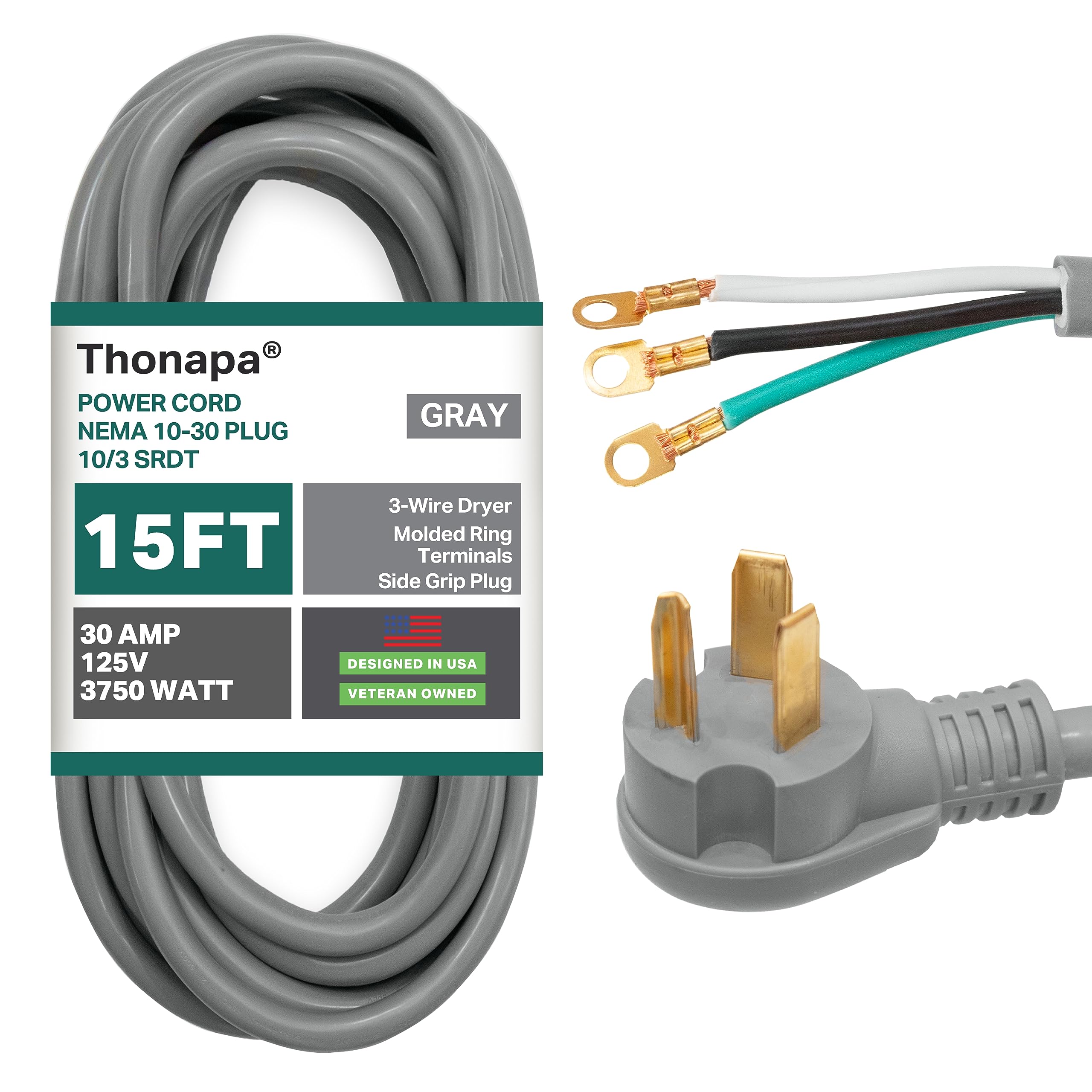 Thonapa 3 Prong Dryer Cord 15 Ft, 30 Amp Appliance Extension Cord 3 Prong 15 Foot, NEMA 10-30 Plug, 10/3 SRDT Gray Dryer Power Cord with Molded Ring Terminals