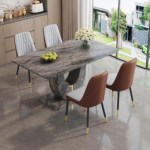 Miniatura 119 de JUFU Juego de mesa de comedor para 6 personas con sillas tapizadas de poliuretano, mesa y sillas de comedor de mármol sintético gris de 63 pulgadas,