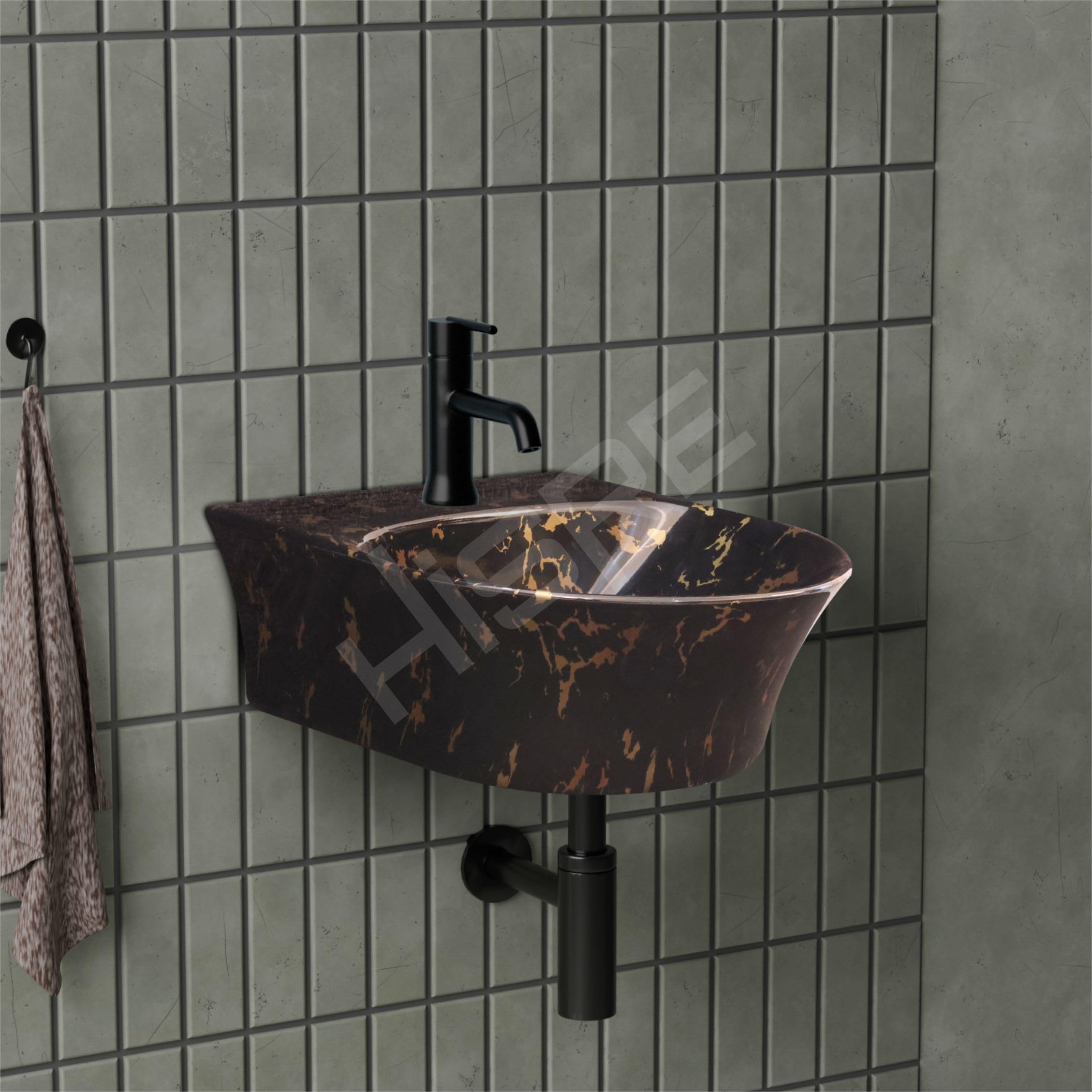 HISRE Wall Mount Wash Basin 13x14x5 Inch | Modern Black and Gold Marble Design Ceramic Sink | Rectangular Bathroom Basin for Home, Office & Hotels, photo 2 of 5