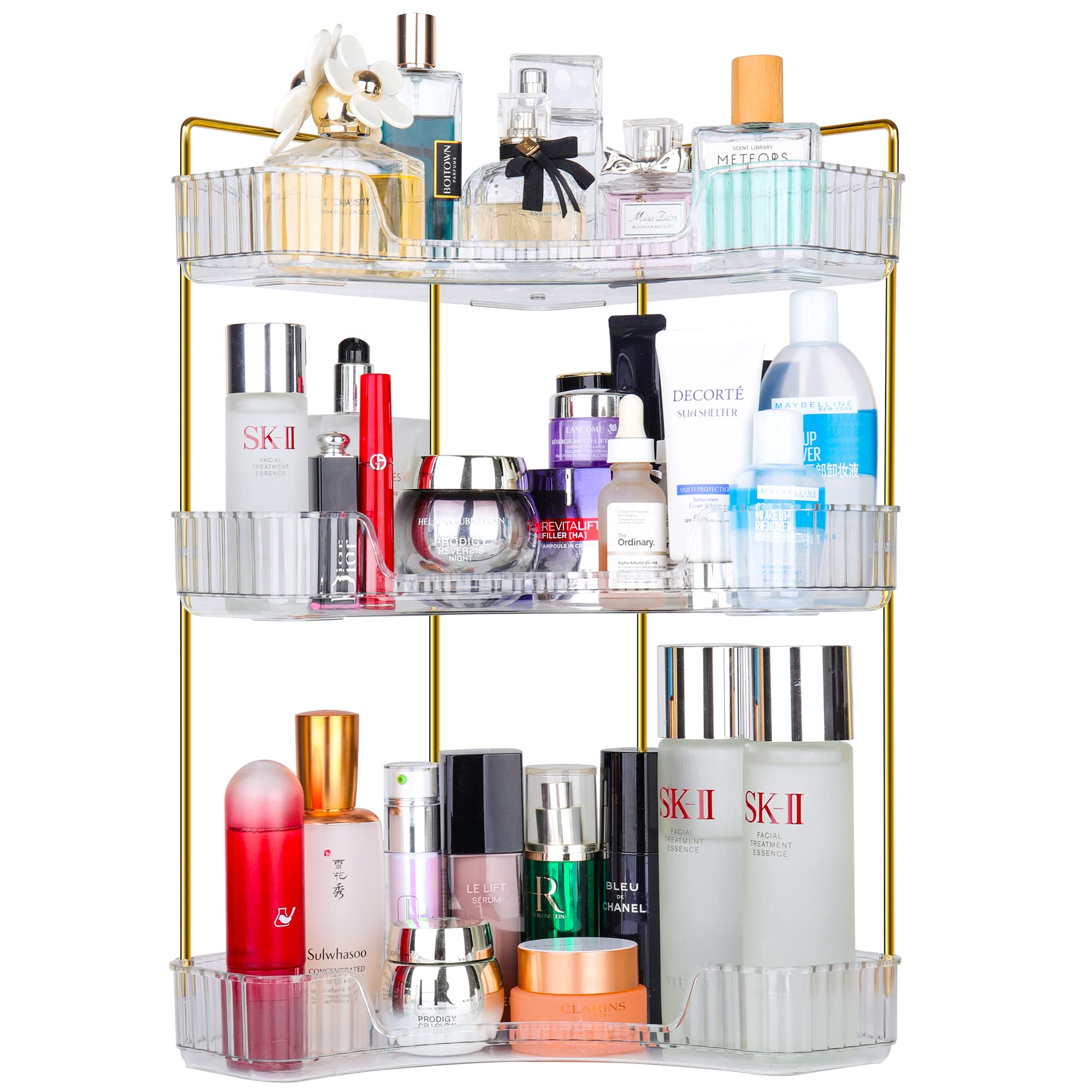 AUKUS3-Tier Corner Bathroom Counter Organizer, Bathroom Countertop Perfume Tray and Vanity Organizer, Makeup Cosmetic Storage, Corner Storage Organizers for Bathroom, Kitchen, Dresser (Clear)