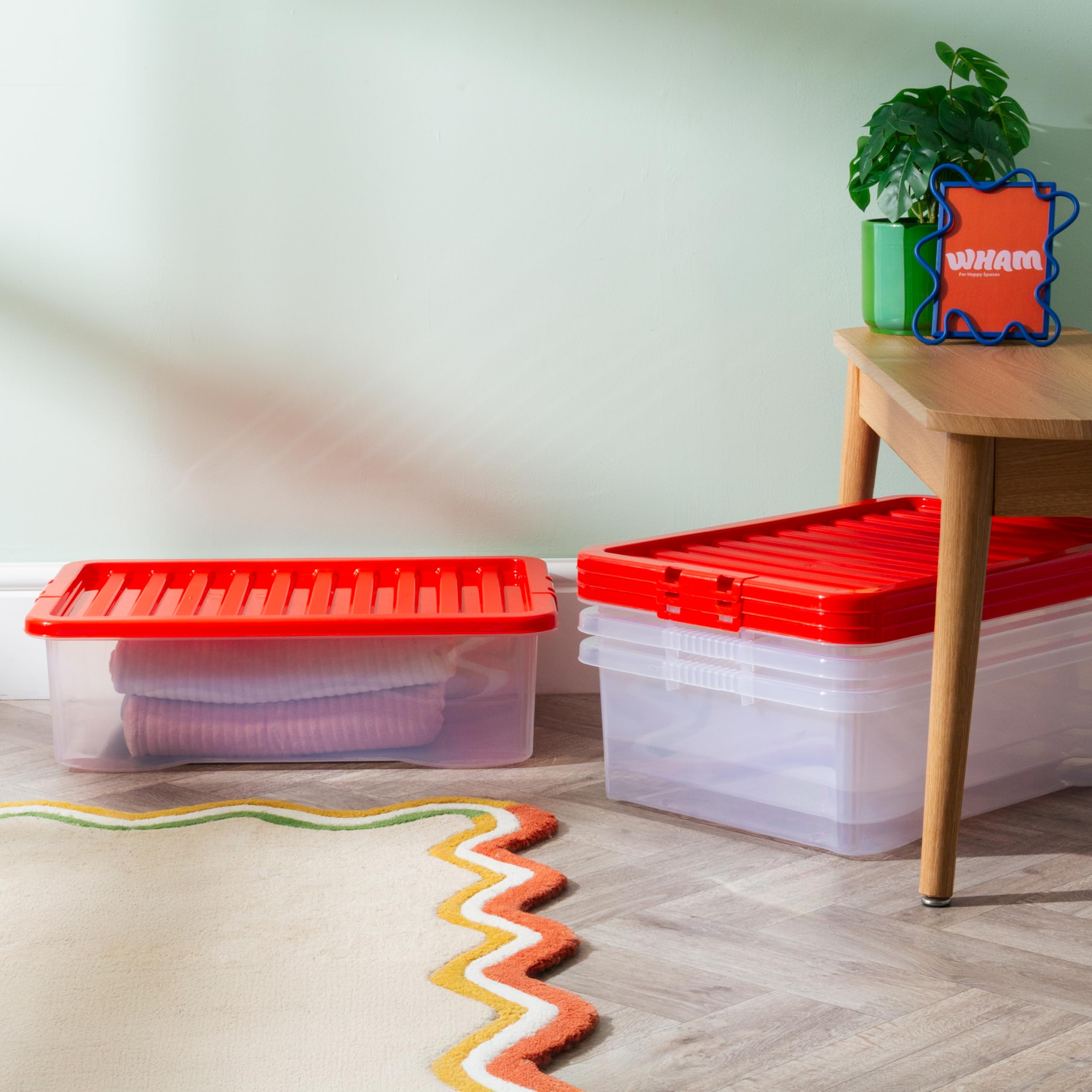 Wham Crystal 32L Storage Boxes with Lids Pack of 4 | Clear with Red Lid Stackable Plastic Storage Containers | Medium Snap Lock Storage Boxes for Home, Office, Garage & Loft | Made in UK