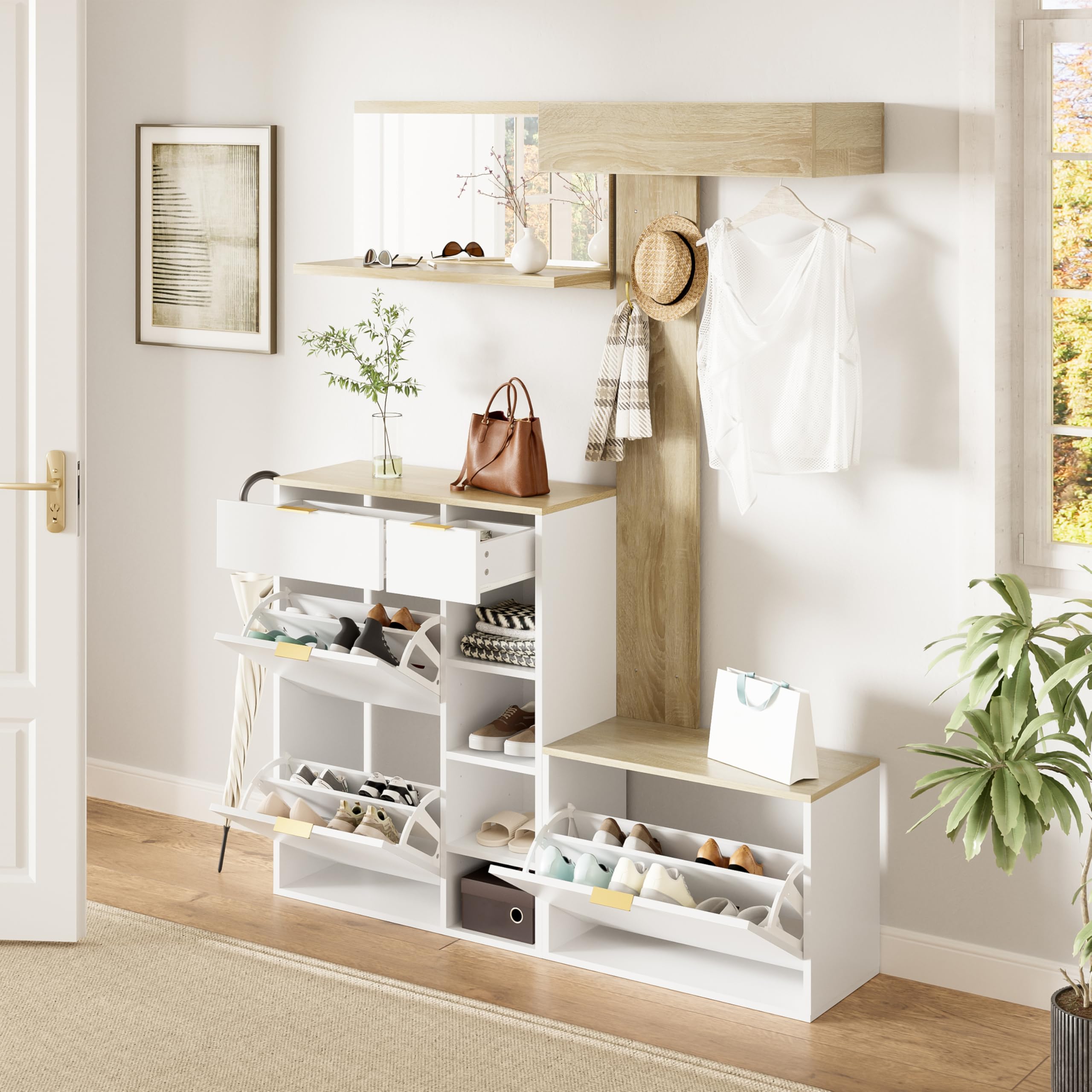Conjunto de Recibidor de Entrada con Espejo y Ganchos, Perchero de Pared con Banco Zapatero, Juego de Mueble Recibidor con Cajones y Espacio de Almacenamiento, 174x130x30 cm, Natural + Blanco