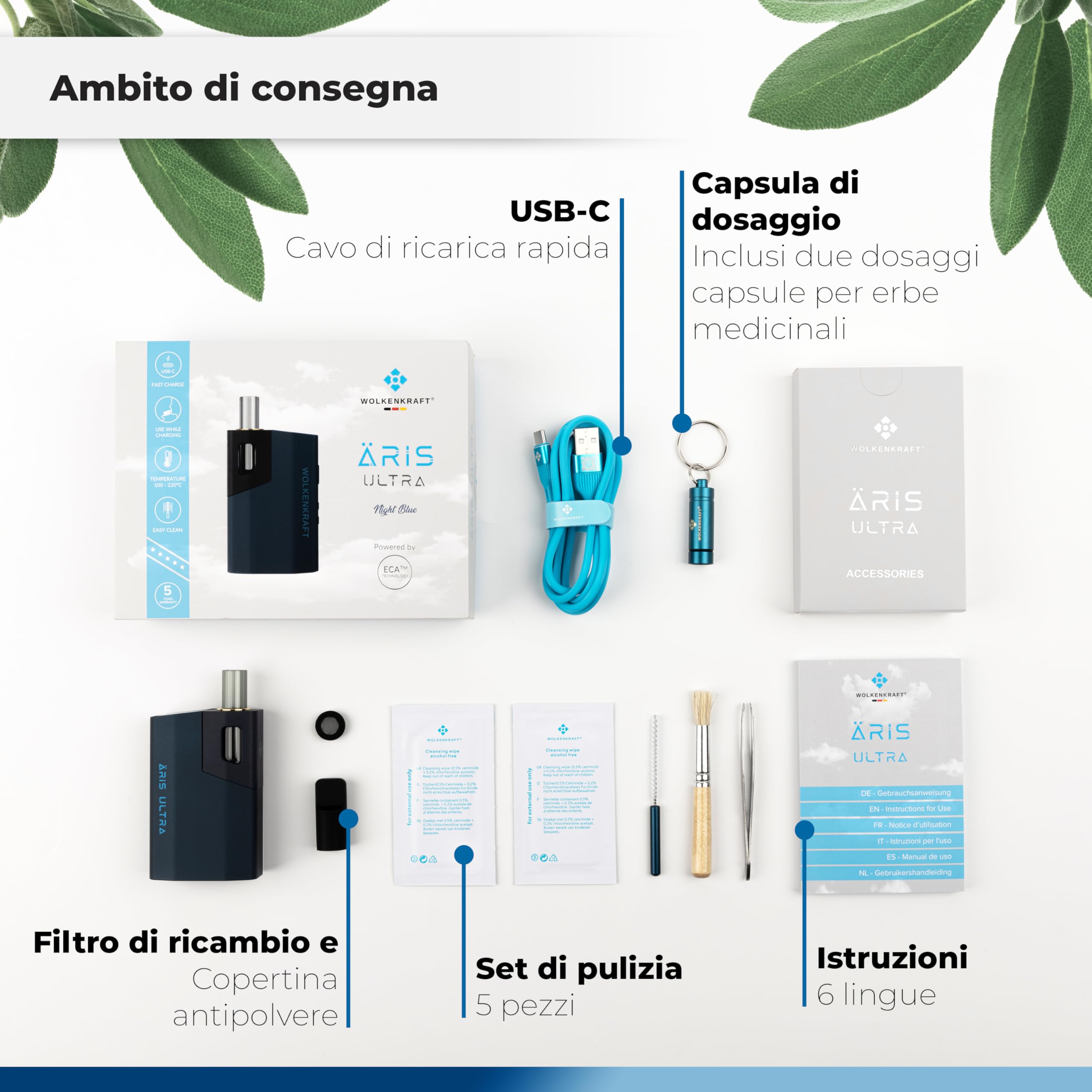 WOLKENKRAFT ÄRiS ULTRA Vaporizzatore Premium - USB-C | Camera in titanio | Temperatura 100-220°C | Durata di funzionamento regolabile | Convezione ECA * Blu notte*
