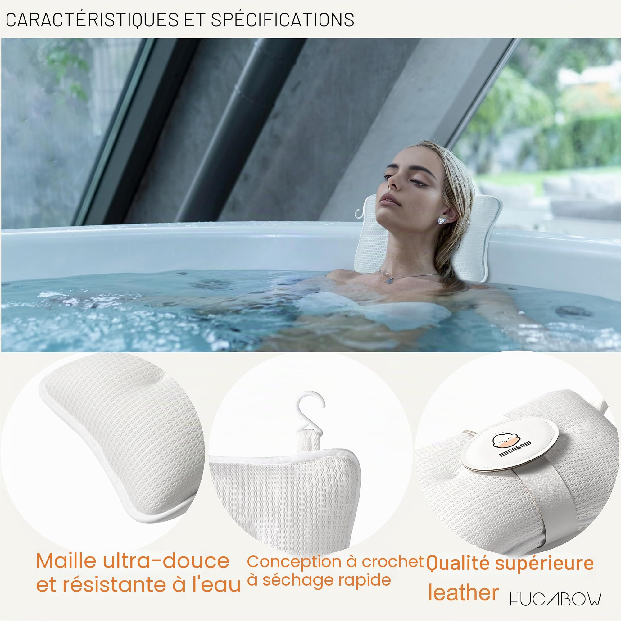 Lot de 2 Grands oreillers pour Jacuzzi, Spa et Chaise Longue – Coussin Universel pour Appui-tête et Cou, Hauteur réglable avec Longue Sangle, séchage Facile avec Crochet (Lot de 2)