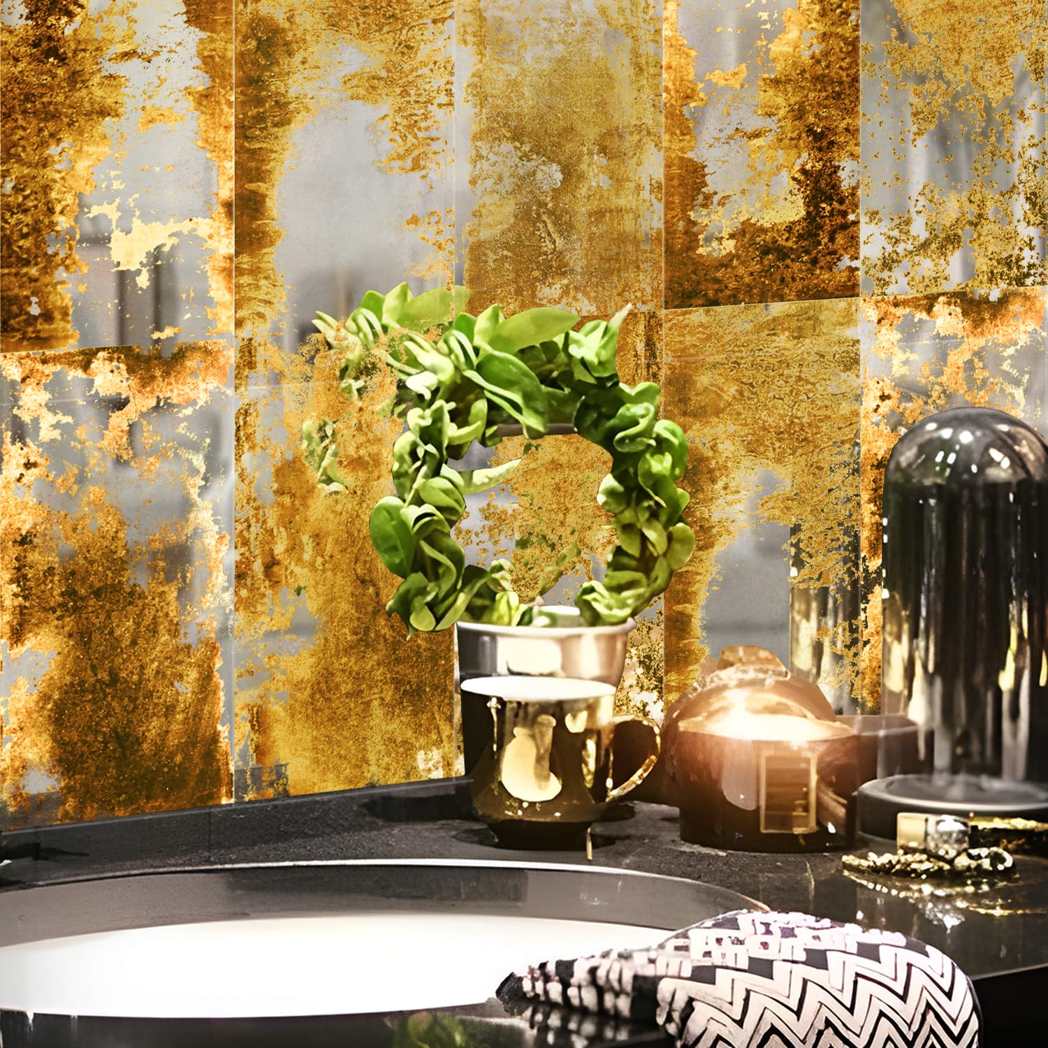 funlife Vintage Mirror Effect Wall Panels, Rusty Faux Antique Mirror Tiles, Gatsby Gold Brown Rectangular 35PCS โ image 1