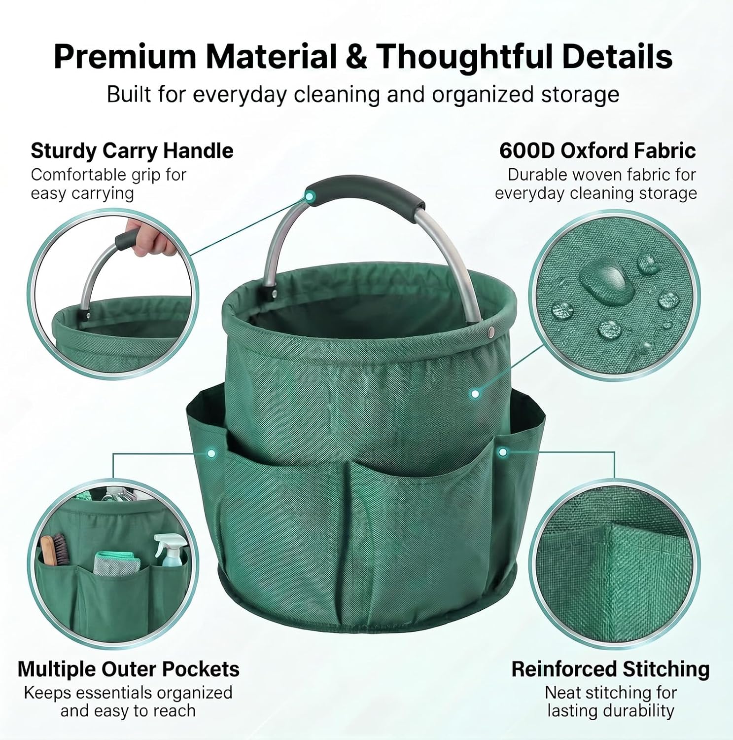 Cleaning Caddy with Handle, Large Supply Organiser 17L with 6 Pockets, Cleaning Products Organiser, Foldable Storage Basket, Portable Cleaning Caddy for Home (Green)