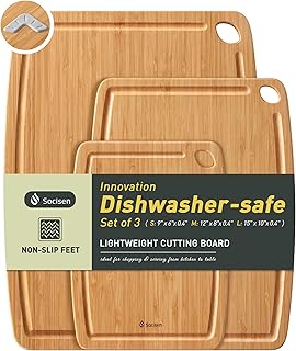 Lightweight Durable Bamboo Cutting Board Set with Non-Slip Feet, Wood Cutting Board for Busy Kitchen, Easy Clean Wooden Chopping Boards with Juice Groove Best House Warming Gift Set of 3 (S+M+L)