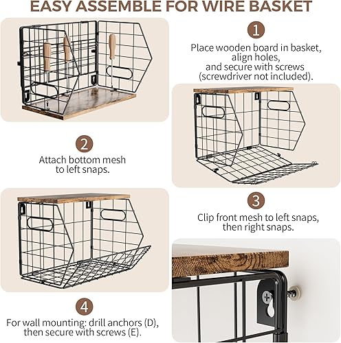 Miniatura 8 de Delamu Cesta de frutas apilable de metal con tapa de madera, paquete de 3, organizador de pared colgante para encimera de cocina, almacenamiento de