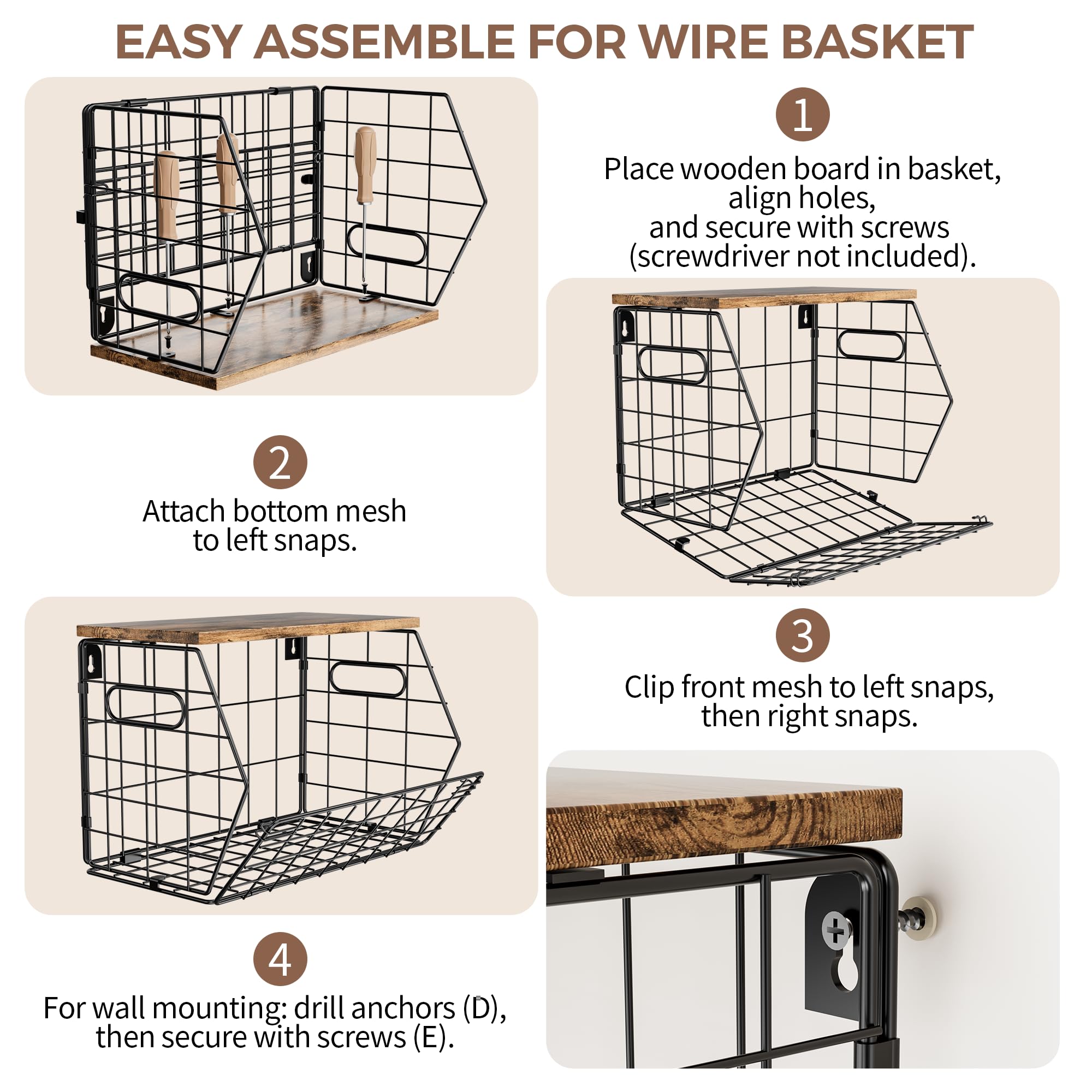 Delamu Cesta de frutas de metal apilable con tapa de madera, paquete de 3, organizador de pared colgante para encimera de cocina, almacenamiento de despensa para cebollas, patatas, garli, frutas