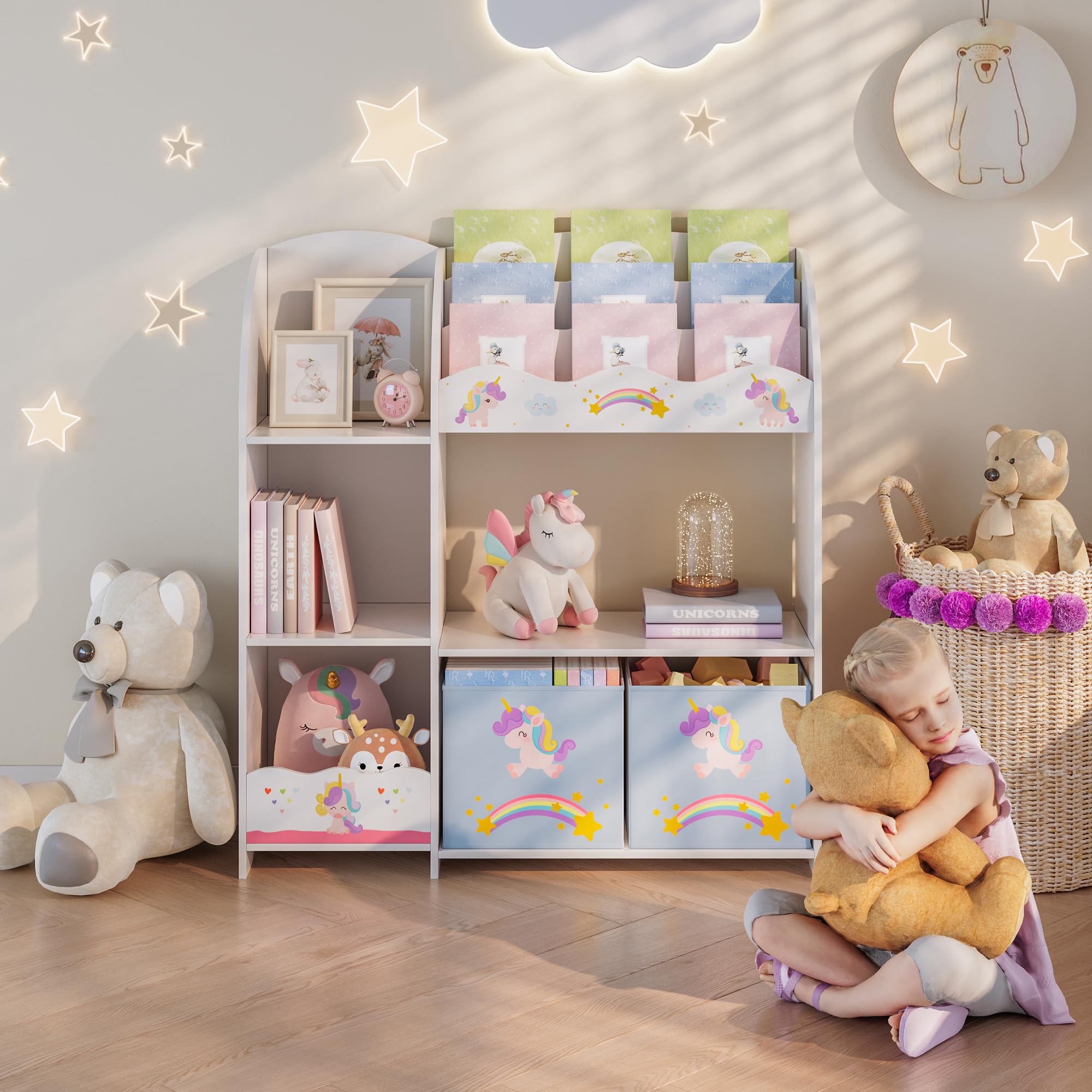 [en.casa] Scaffale per Cameretta con Ripiani 2 Scatole Porta Giochi Contenitori a Scaletta per Bambini Mobile Organizzatore a Misura di Bimbi - Design a Unicorno