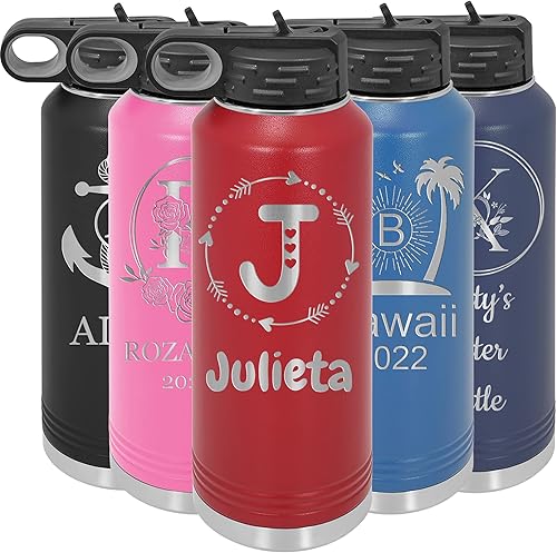 Miniatura 71 de Botellas de agua personalizadas con tapa abatible y pajilla, termo deportivo personalizado de acero inoxidable grabado, monograma personalizado