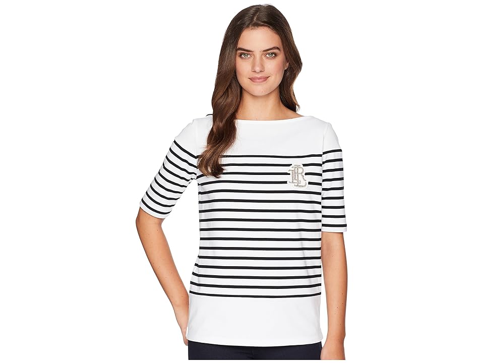 

LAUREN Ralph Lauren Striped Cotton T-Shirt (Soft White/Polo Black) Women's T Shirt