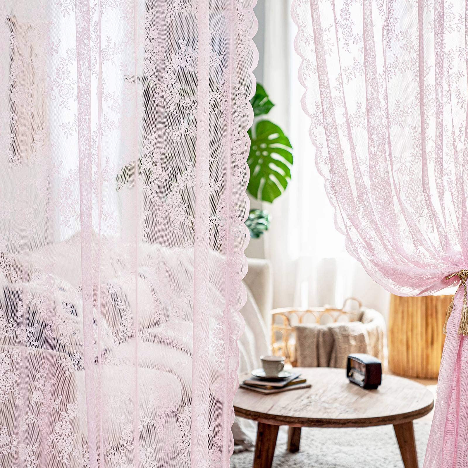 MIULEE Tende di Pizzo-Tende Rosa Chiaro per Finestre in Pizzo Trasparente Ricamate Floreali per Camera da Letto Soggiorno, Tenda Ricamate con Occhielli, 2 Pezzi Tenda, 2 X150x245cm(LxA)