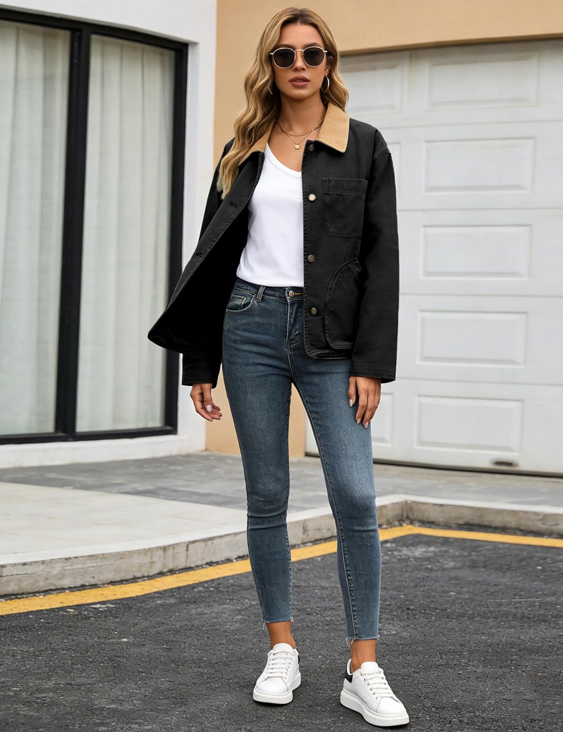 Yeokou Womens Casual Jacket Crop Barn Trench Coat Long Sleeve Button Down Oversized Jacket with Pockets Outerwear - Image 7