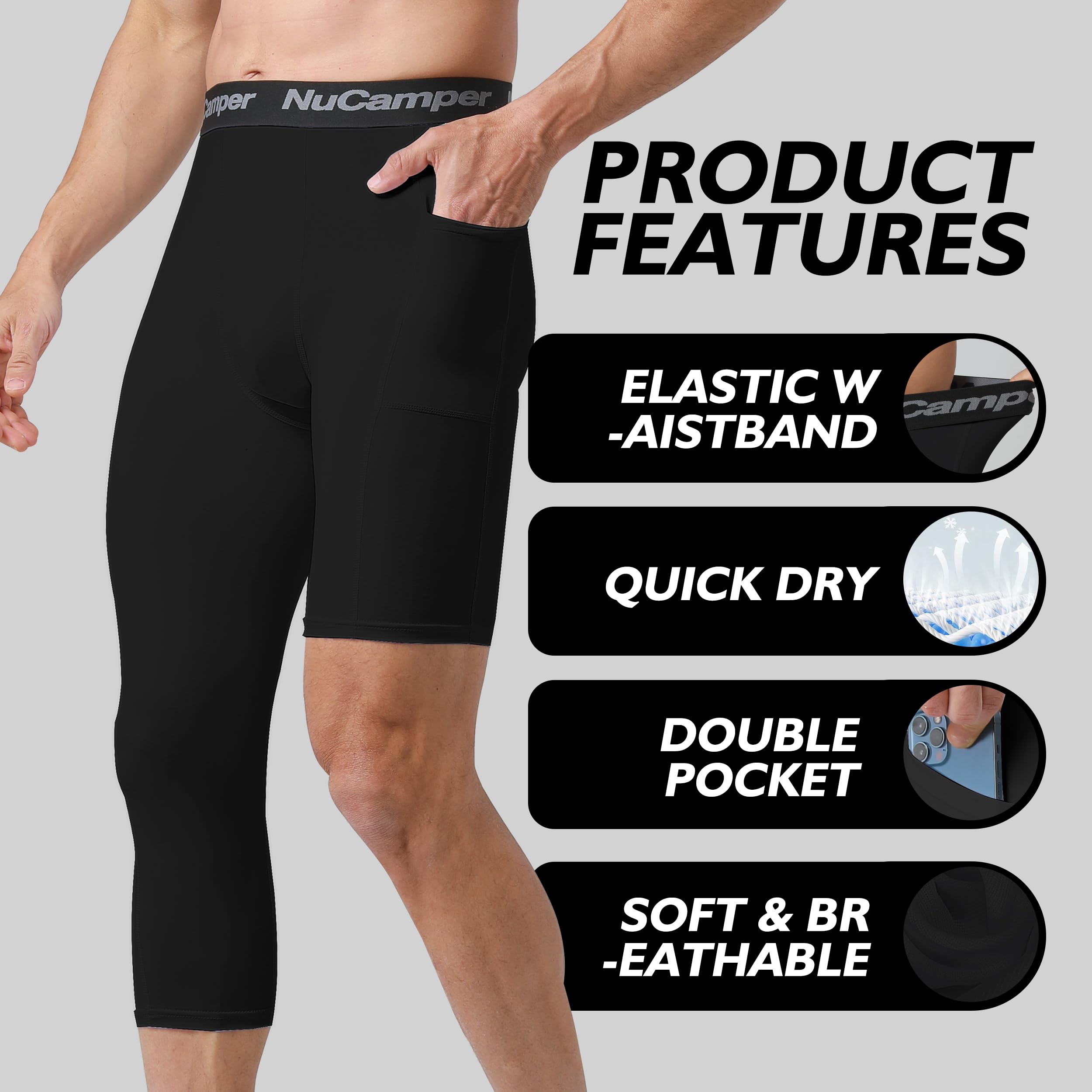 NuCamper Pantalones de Compresión 3/4 Hombre Baloncesto Capa Base Bolsillos Mallas Secado Rápido Transpirables Leggings Correr