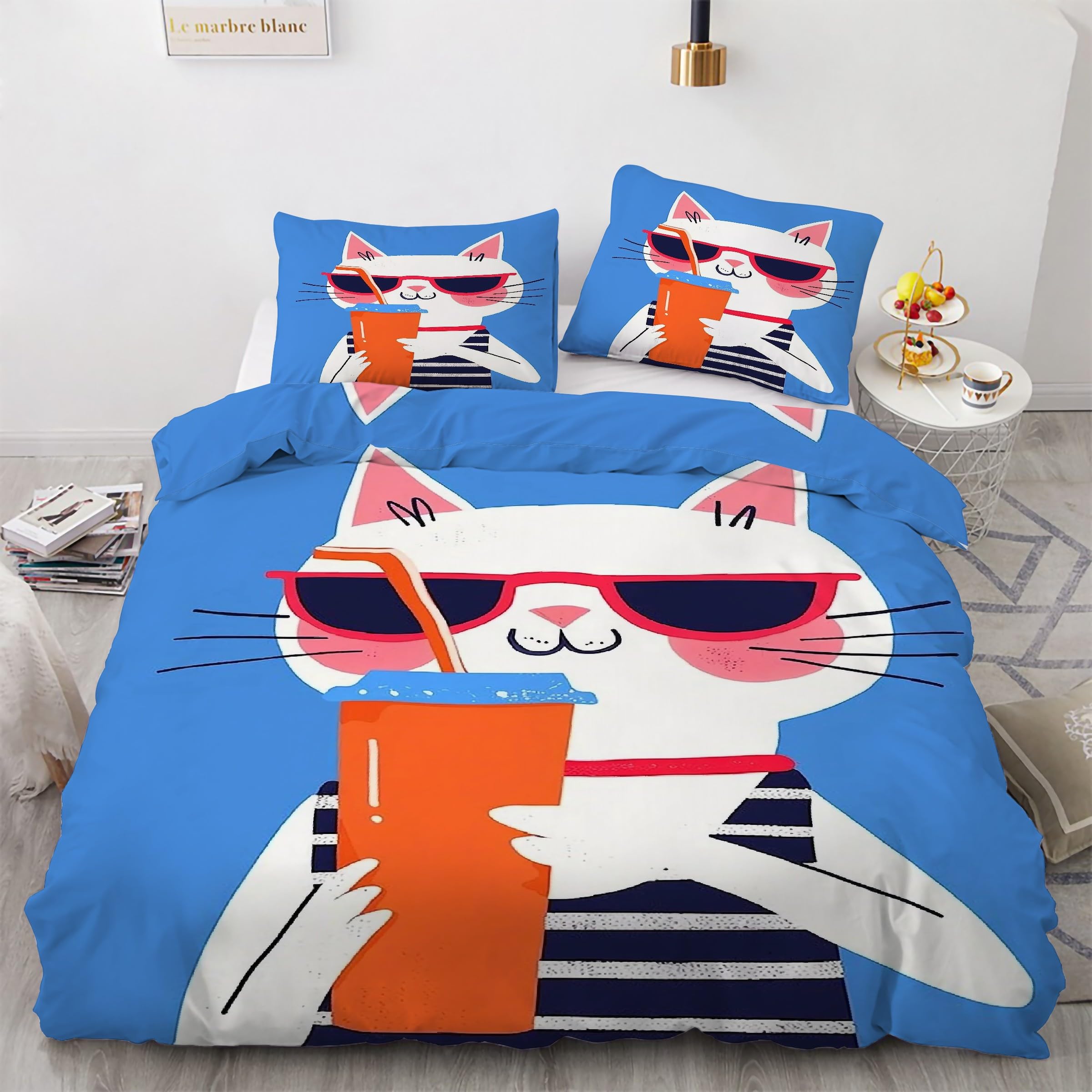 Housse de couette 220x240 chat parure de lit bleu 3 pièces en microfibre