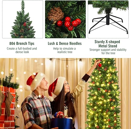 Miniatura 25 de Árbol de Navidad artificial preiluminado de 7.5 pies, árbol de Navidad delgado con 980 puntas de ramas de PVC, 350 luces LED, 75 conos de pino