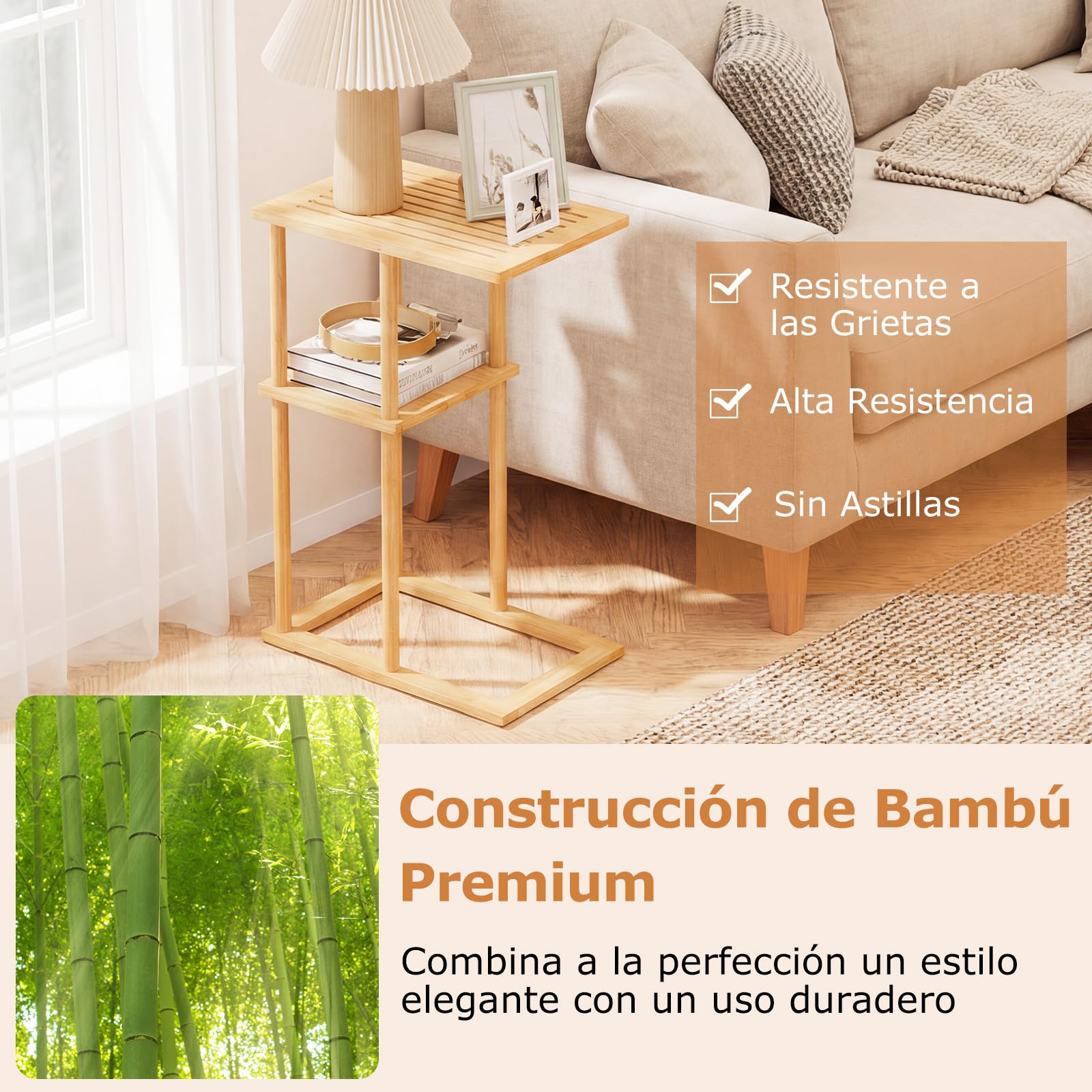 COSTWAY Juego de 2 Mesa Auxiliar de Bambú para Sofá, Mesita Forma de C con Estantes de Almacenamiento, 40 x 28 x 65 cm, Mesa de Café, Mesita de Noche Estrecha para Cama, Sala y Dormitorio, Natural